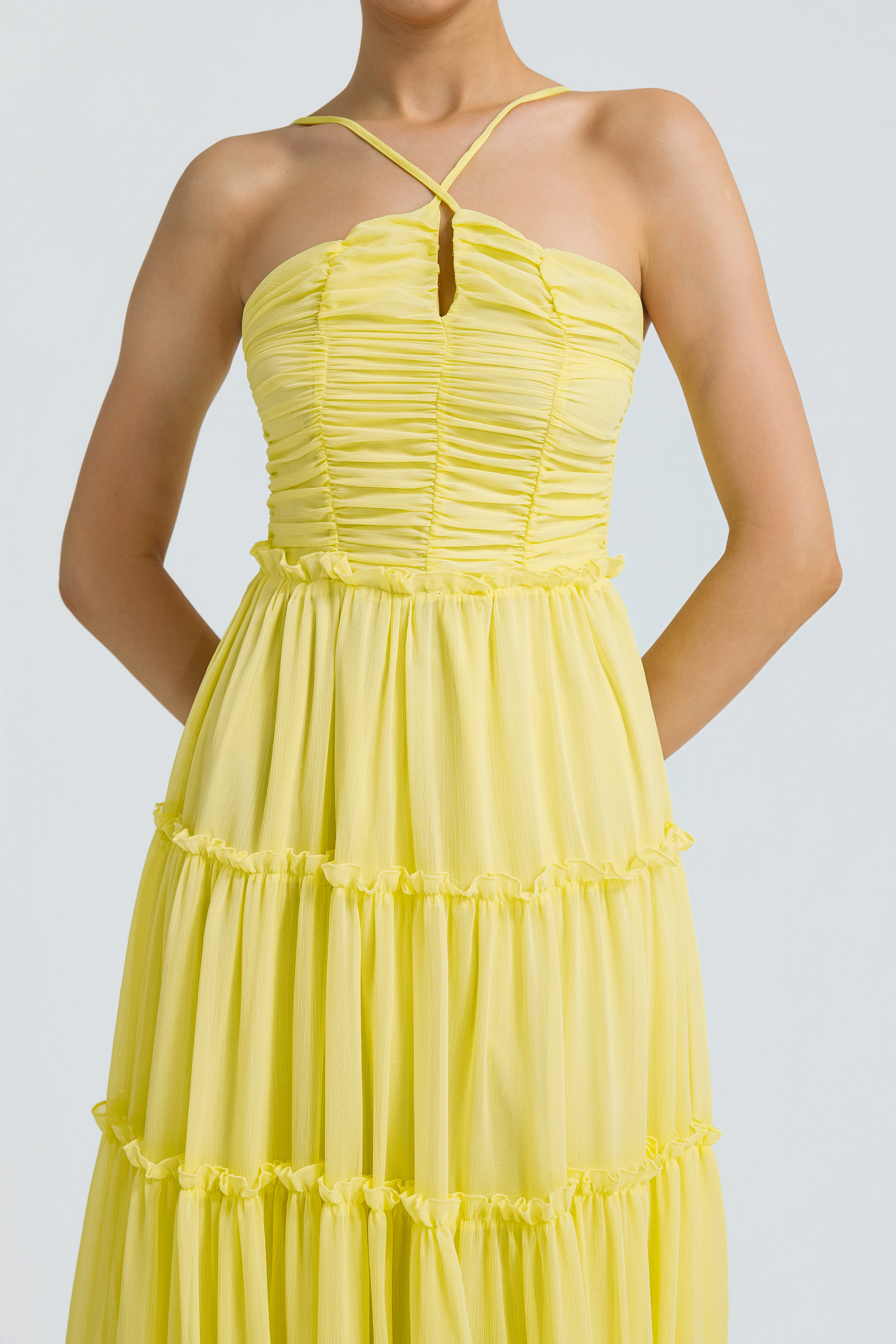 Chiffon Gathering Smocking Midi Dress
