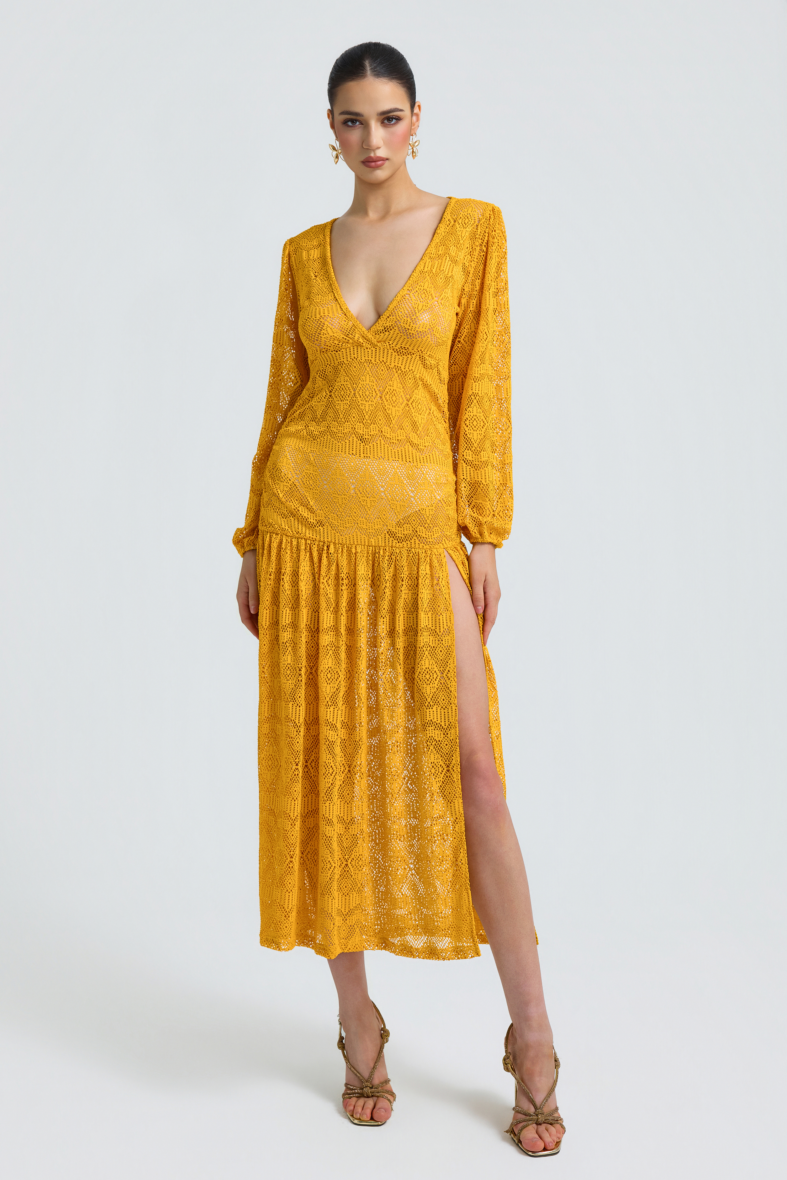Lace See-Through V-Neck Midi Dress