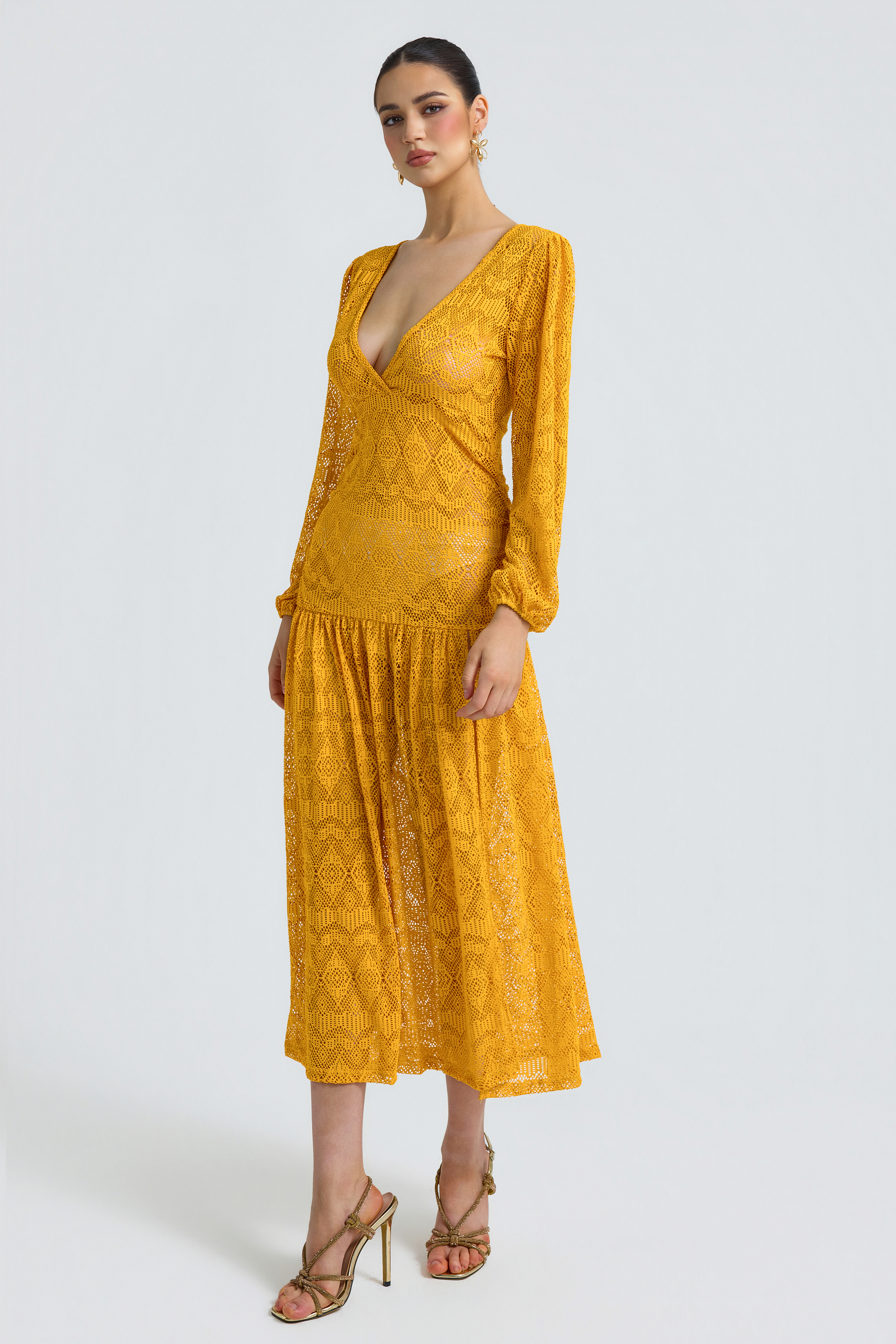 Lace See-Through V-Neck Midi Dress