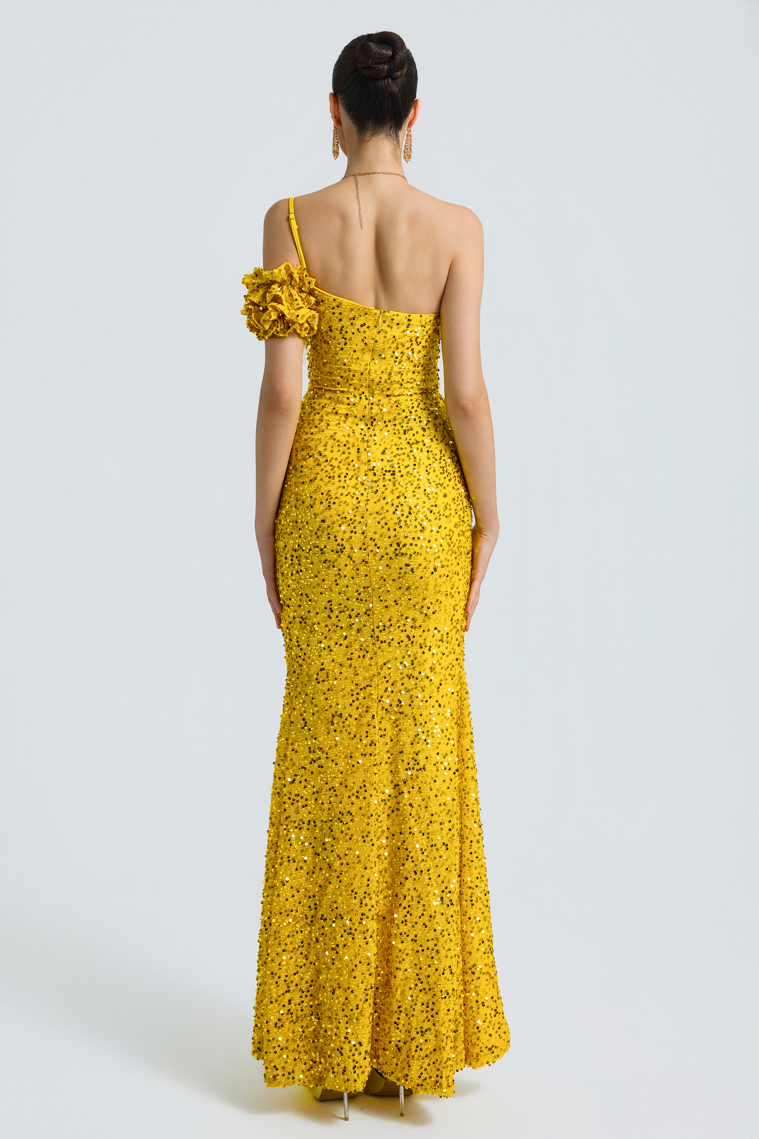 Sequin One Shoulder Ruffle Maxi Dress