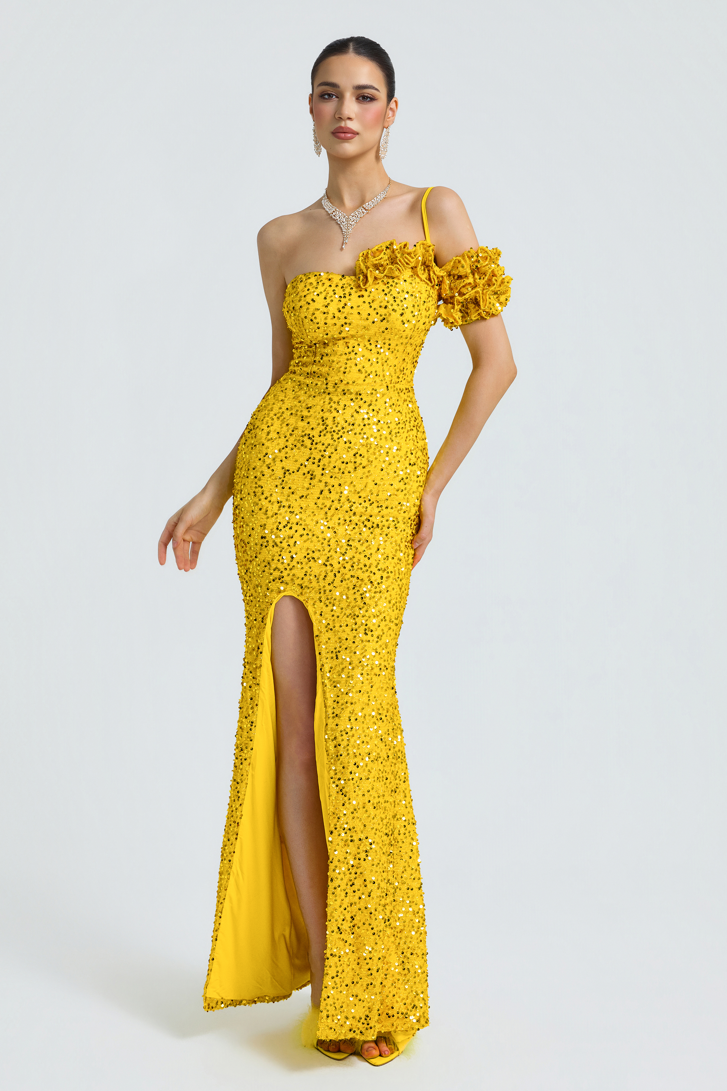 Sequin One Shoulder Ruffle Maxi Dress