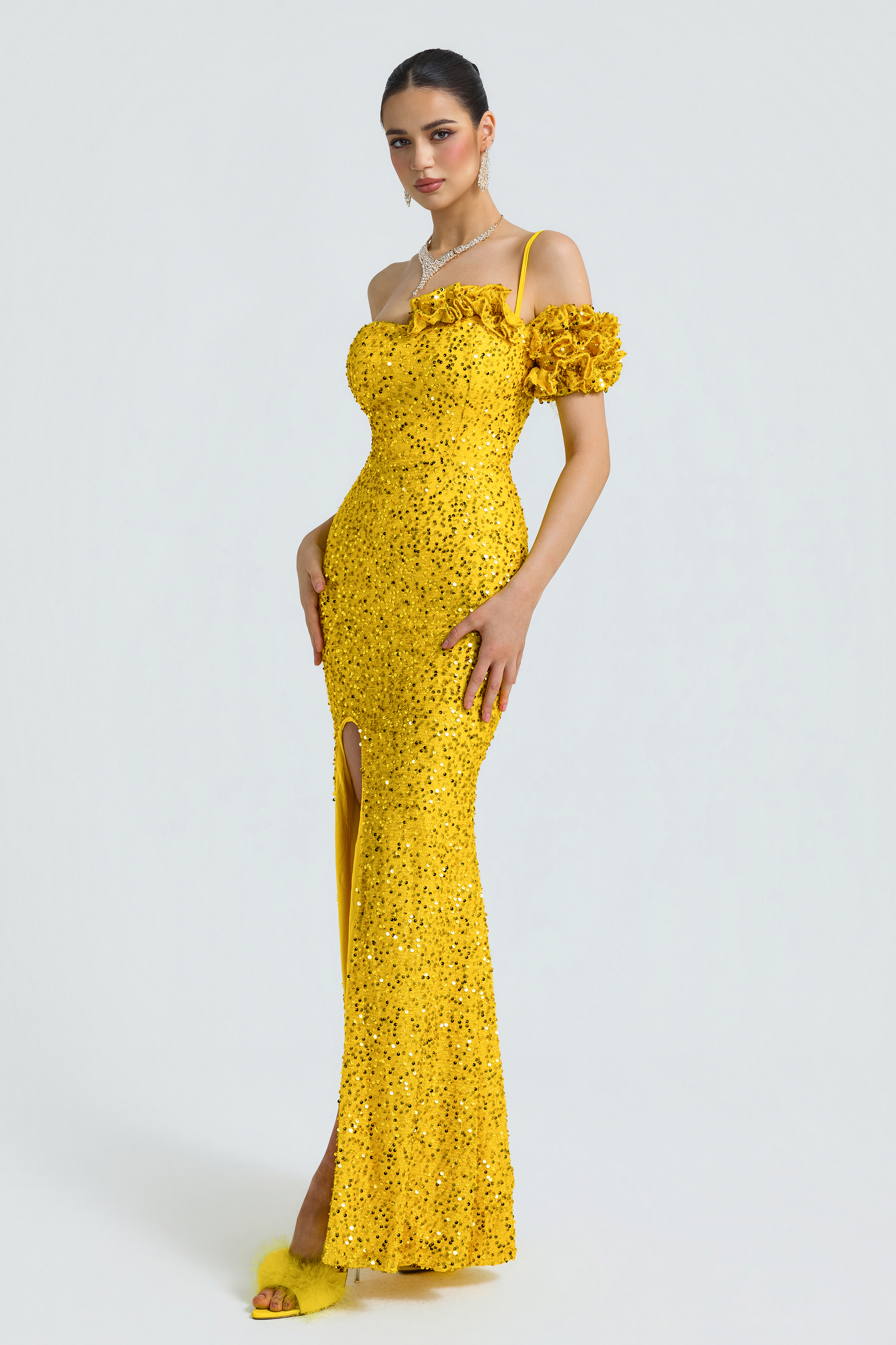 Sequin One Shoulder Ruffle Maxi Dress