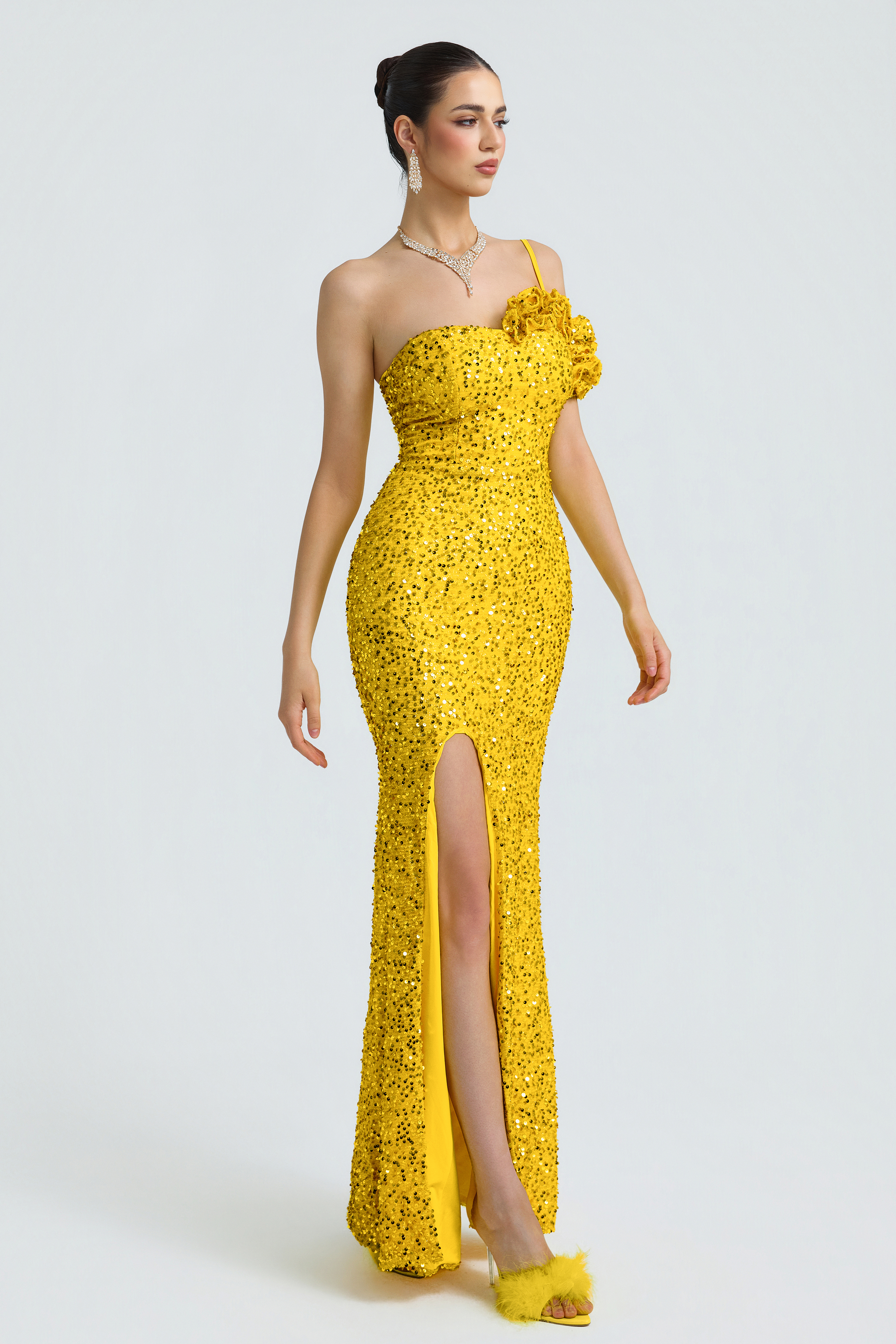 Sequin One Shoulder Ruffle Maxi Dress