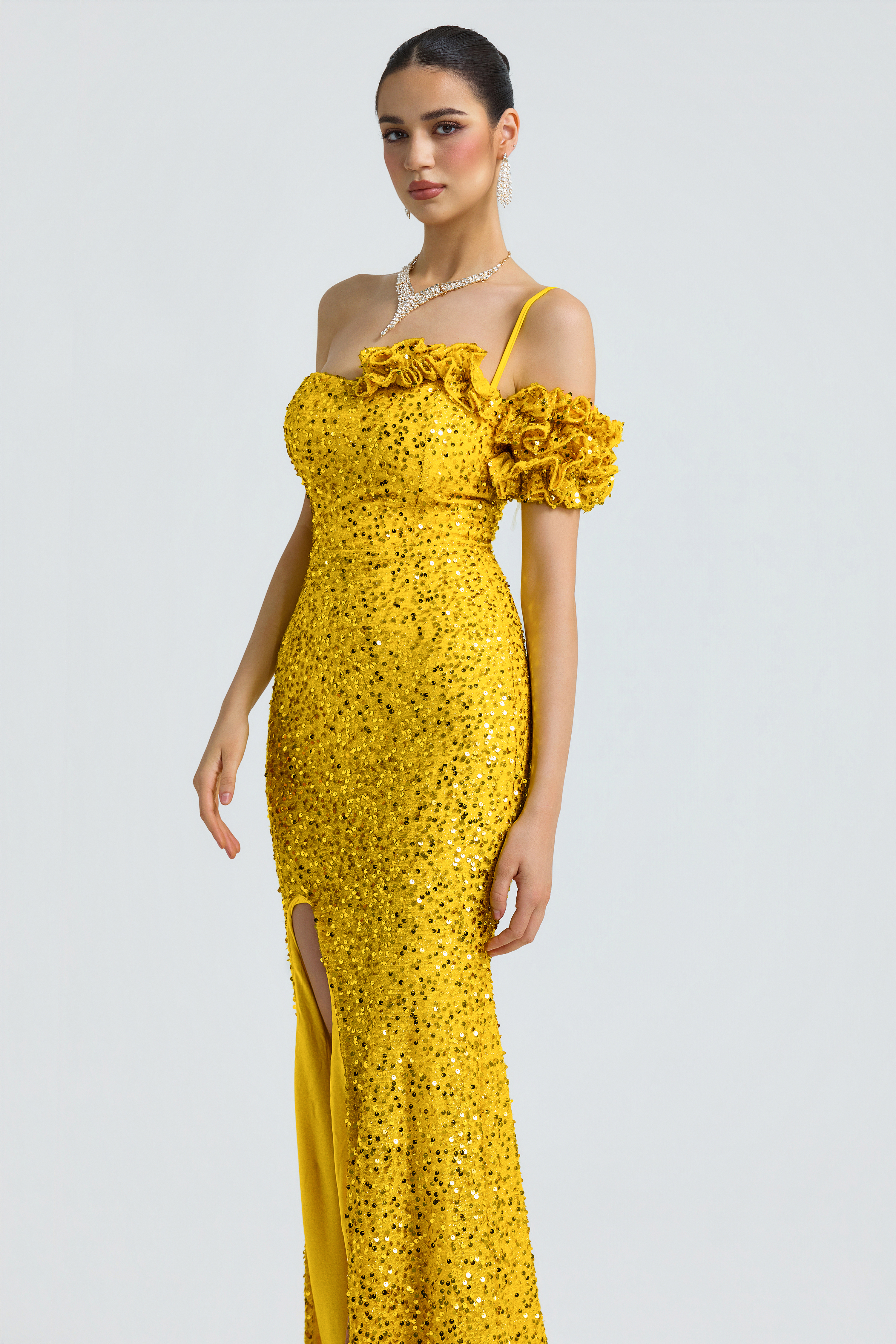 Sequin One Shoulder Ruffle Maxi Dress