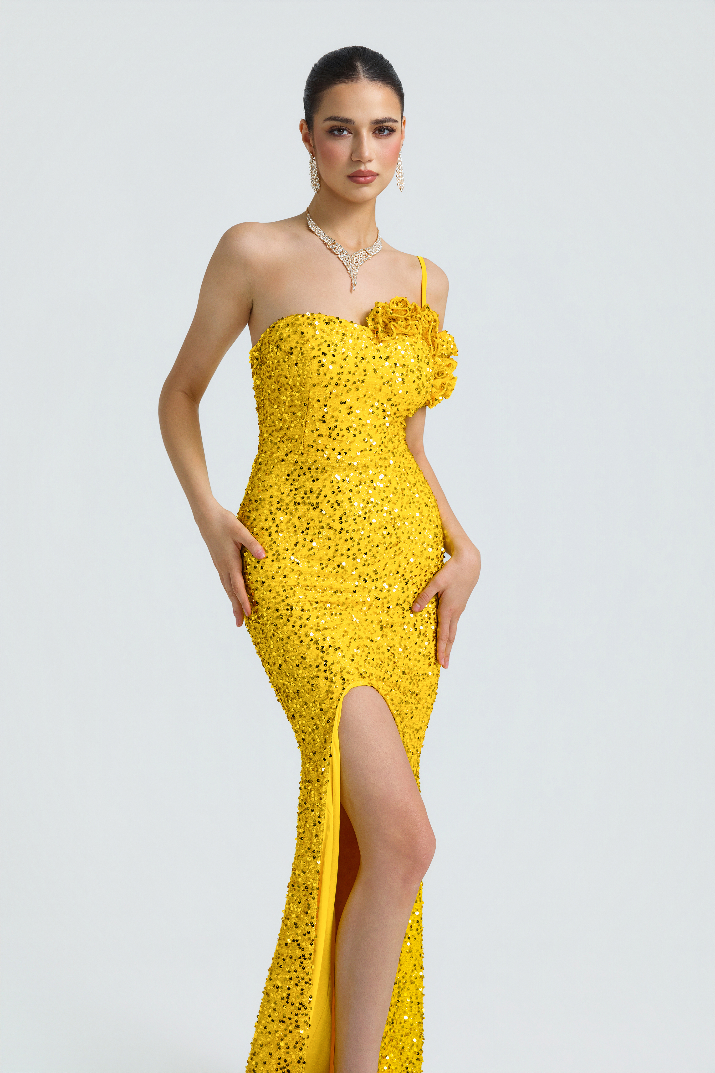 Sequin One Shoulder Ruffle Maxi Dress