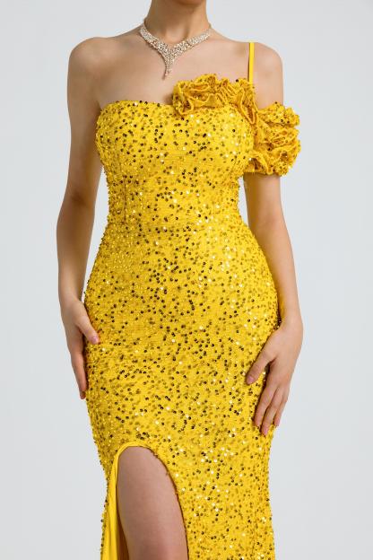 Sequin One Shoulder Ruffle Maxi Dress