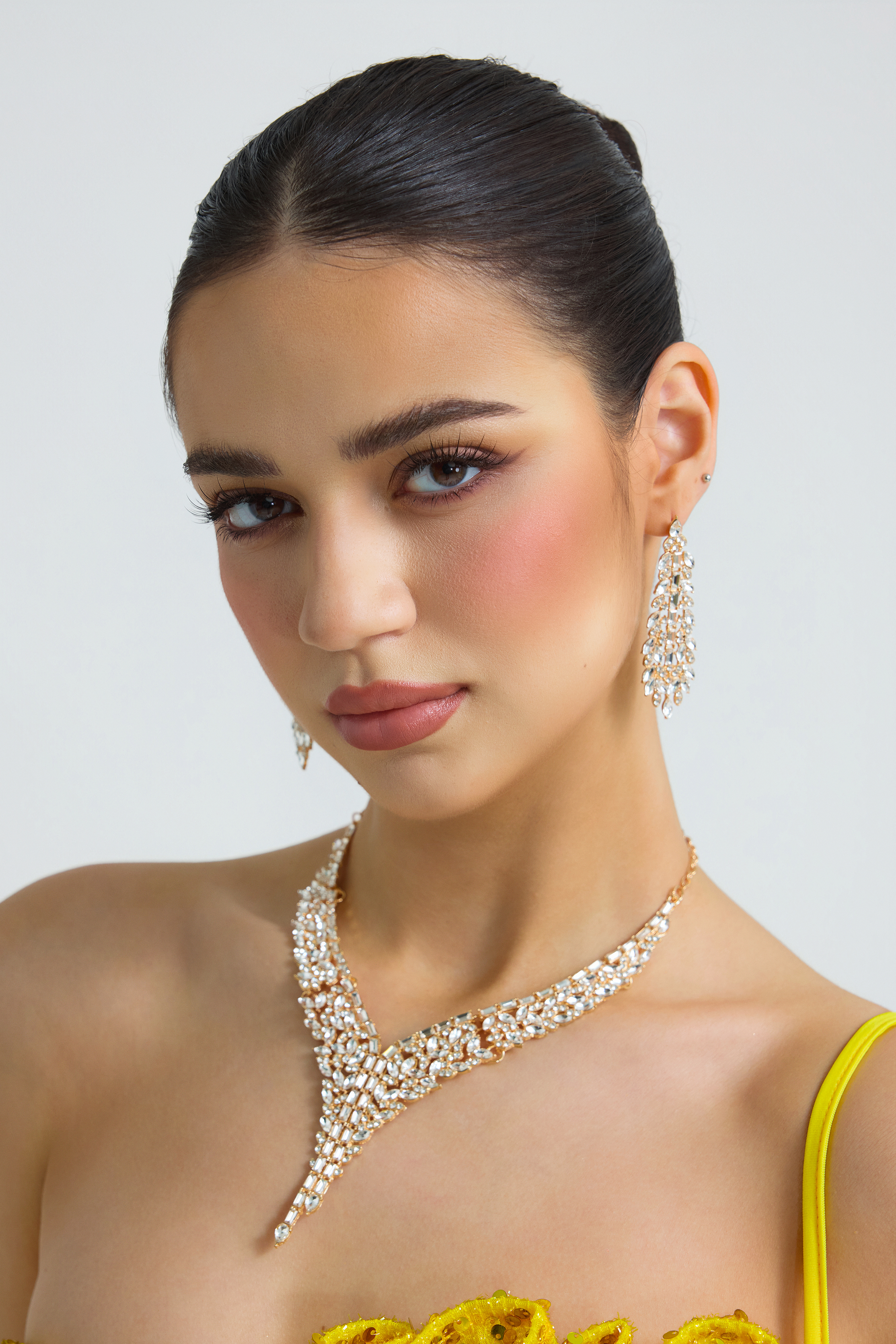Metal Square Rhinestone Earring And Necklace Set