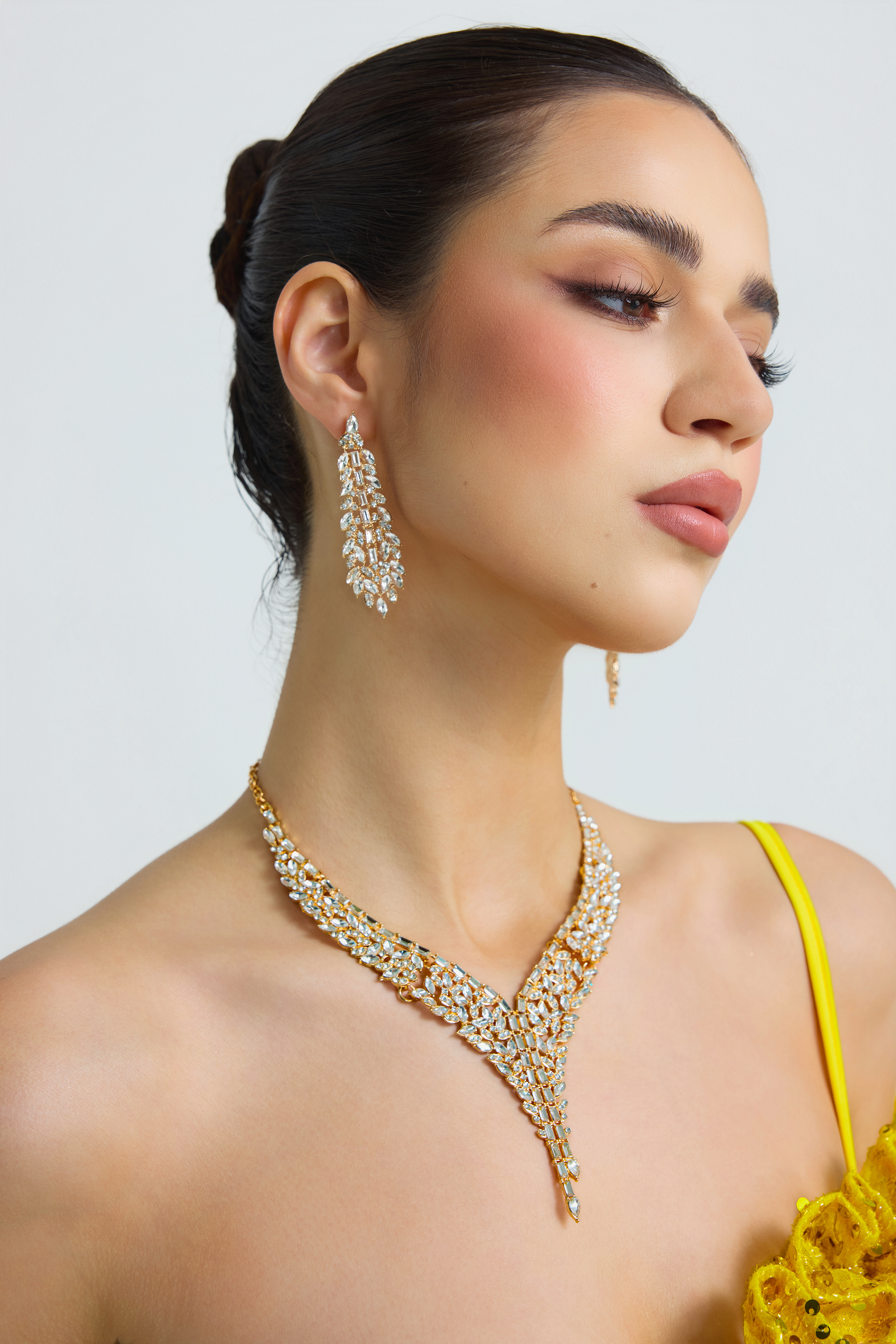 Metal Square Rhinestone Earring And Necklace Set