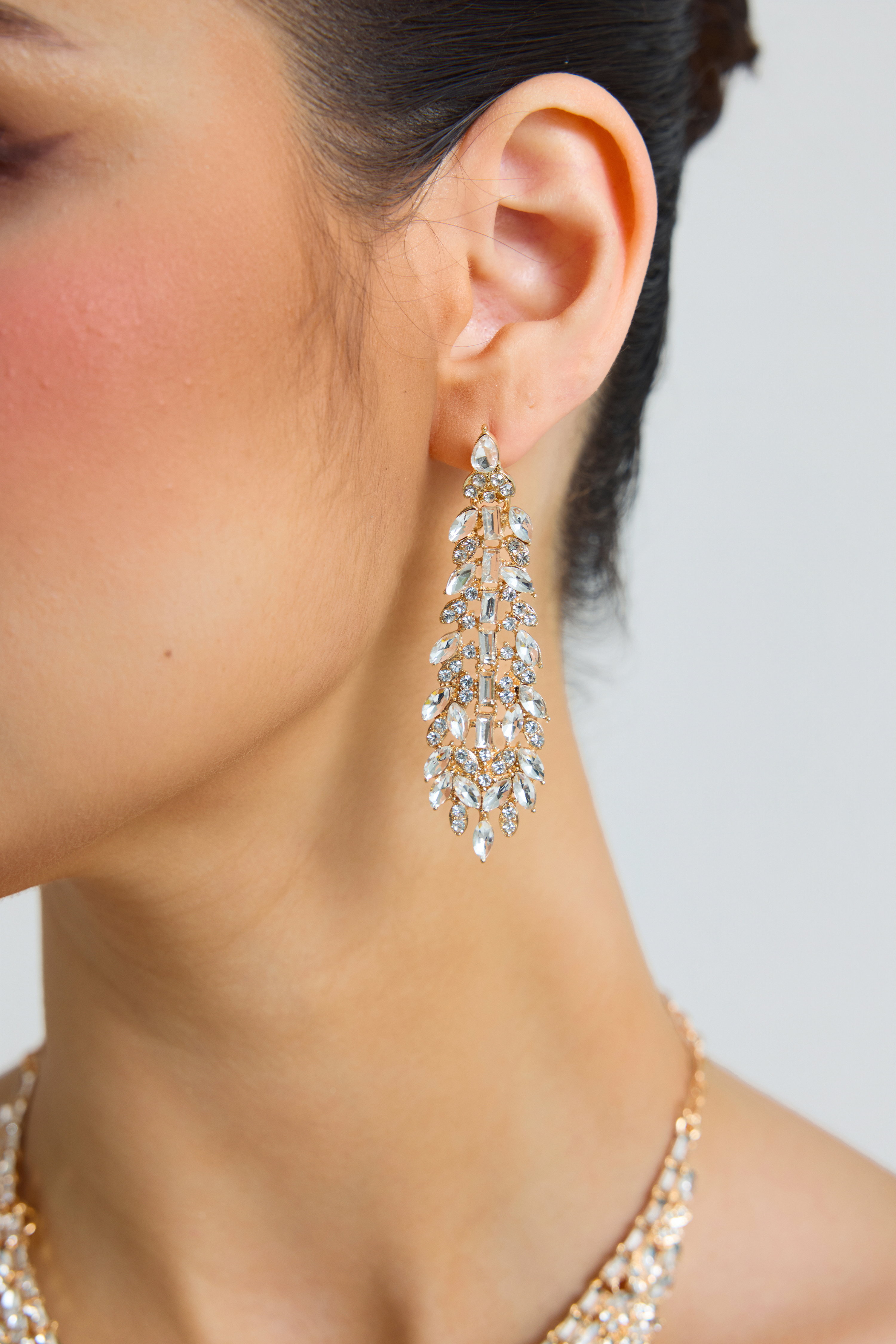 Metal Square Rhinestone Earring And Necklace Set