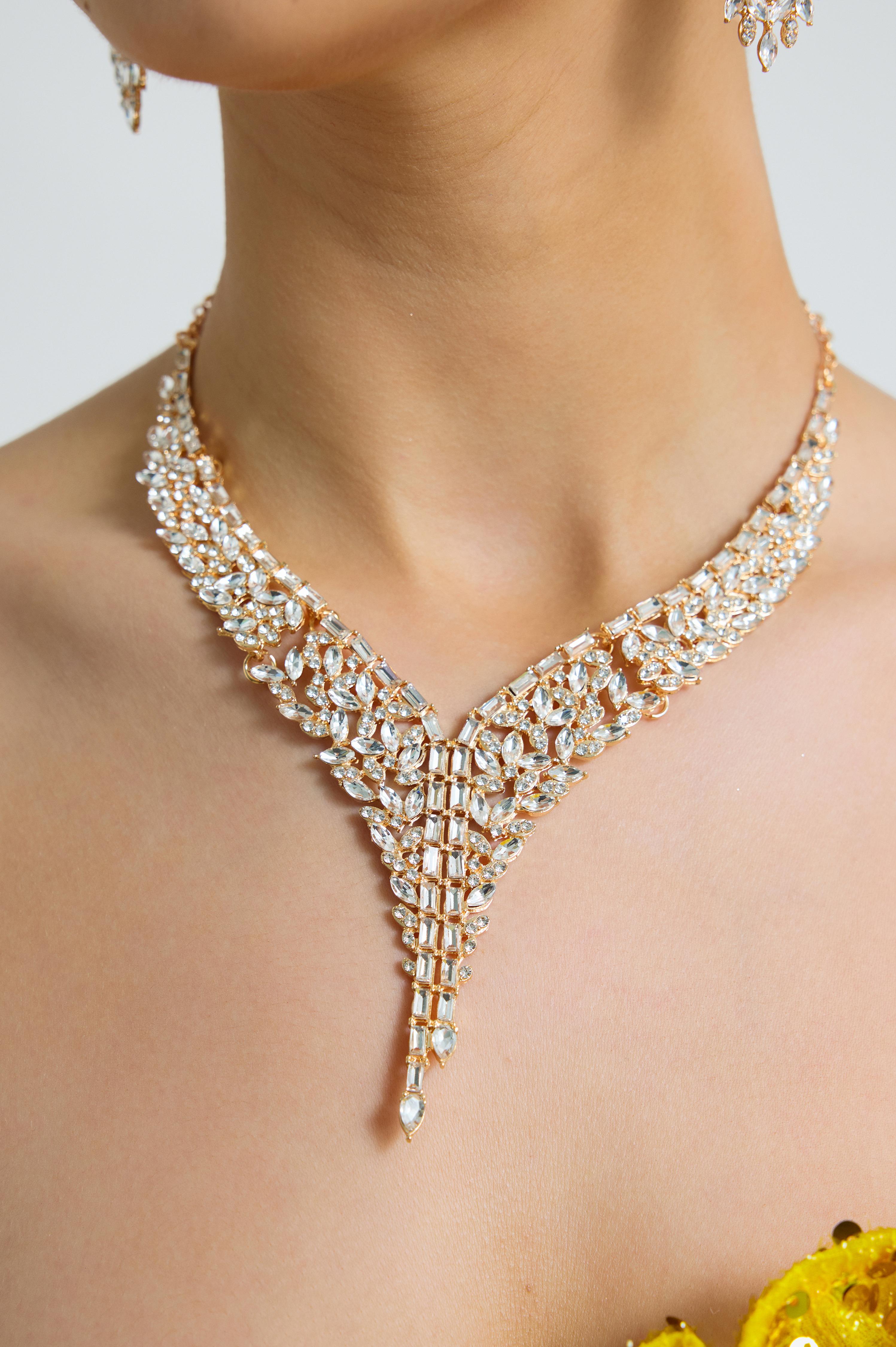 Metal Square Rhinestone Earring And Necklace Set