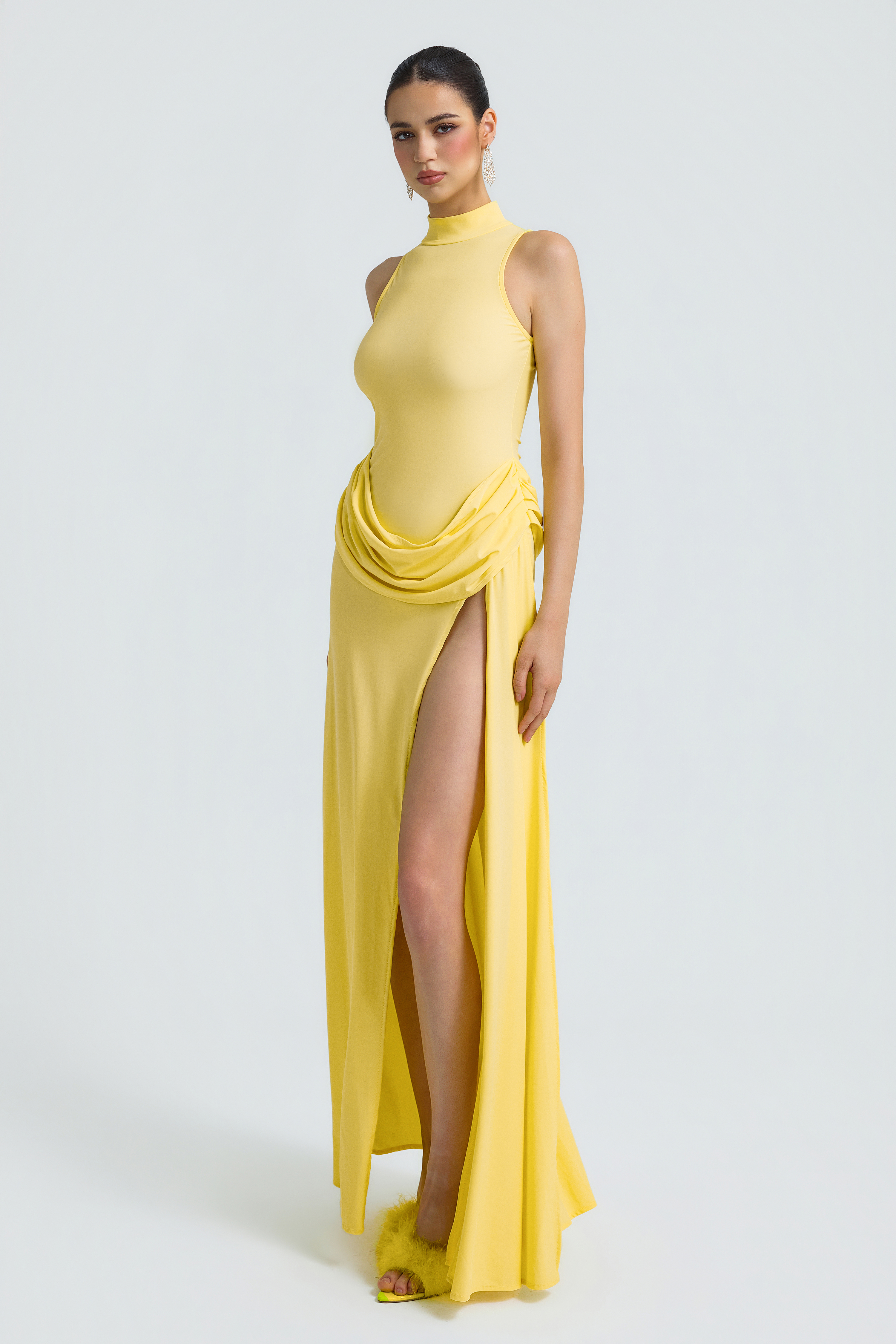 Jersey Stand Collar Slit Maxi Dress