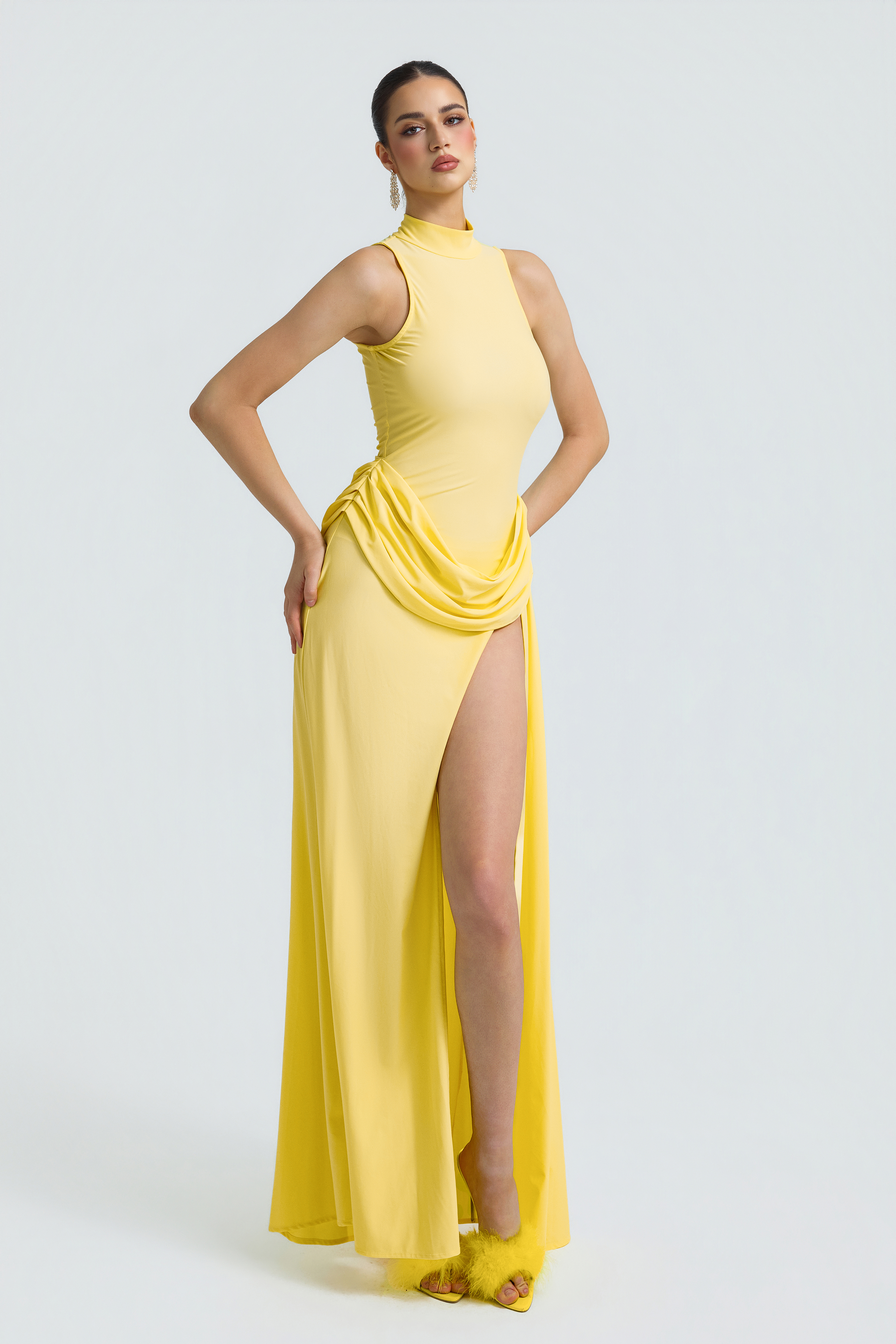 Jersey Stand Collar Slit Maxi Dress