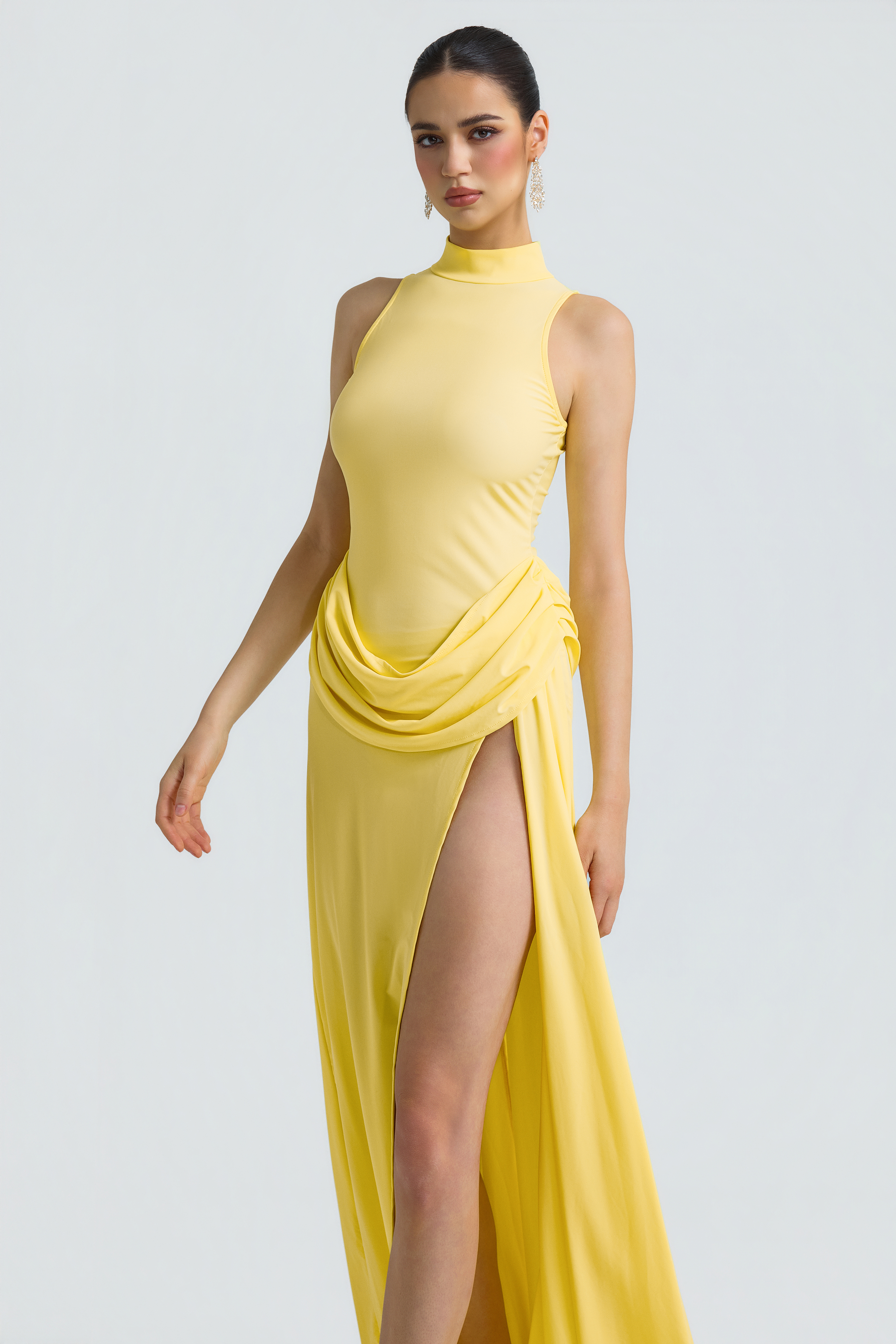 Jersey Stand Collar Slit Maxi Dress