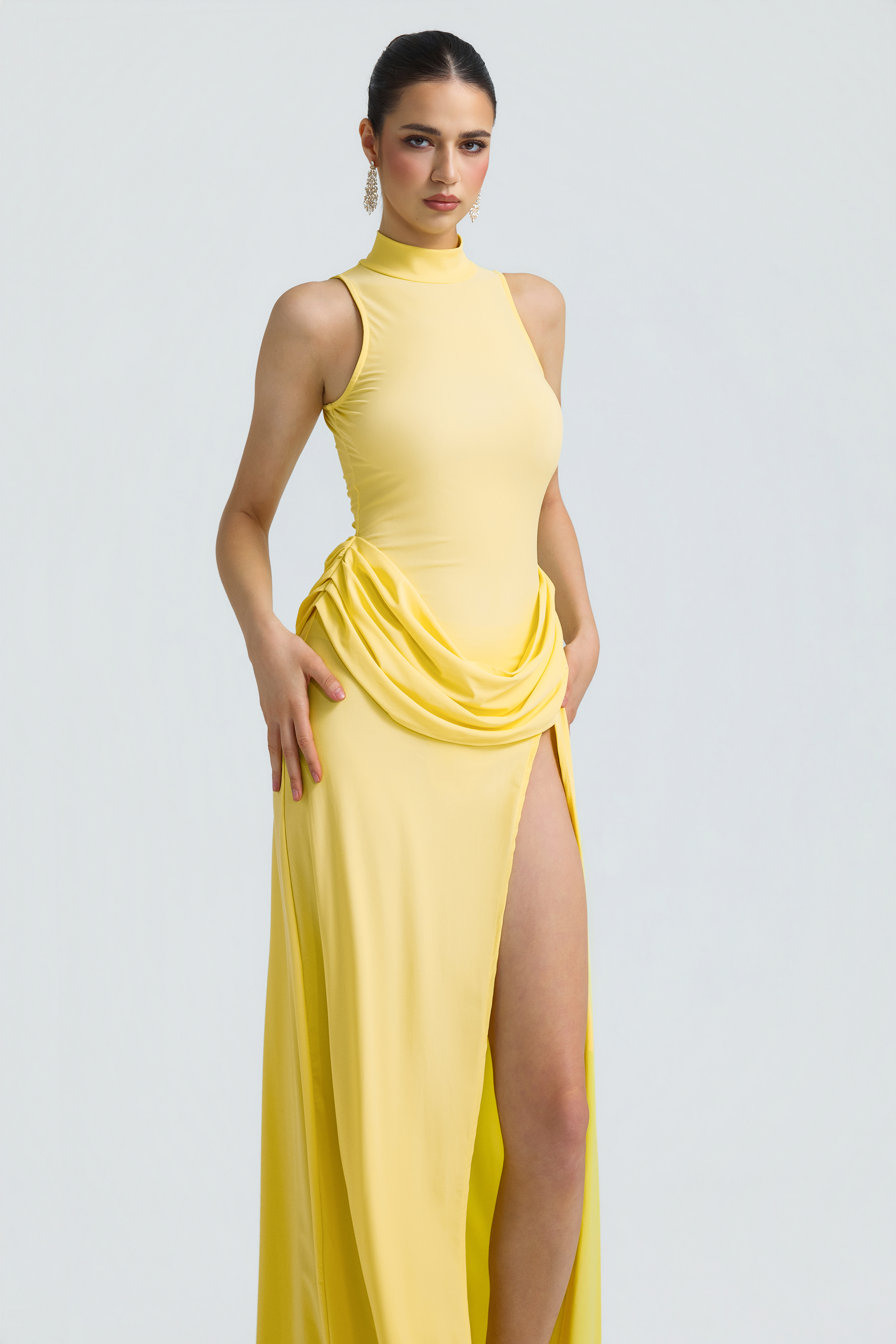 Jersey Stand Collar Slit Maxi Dress