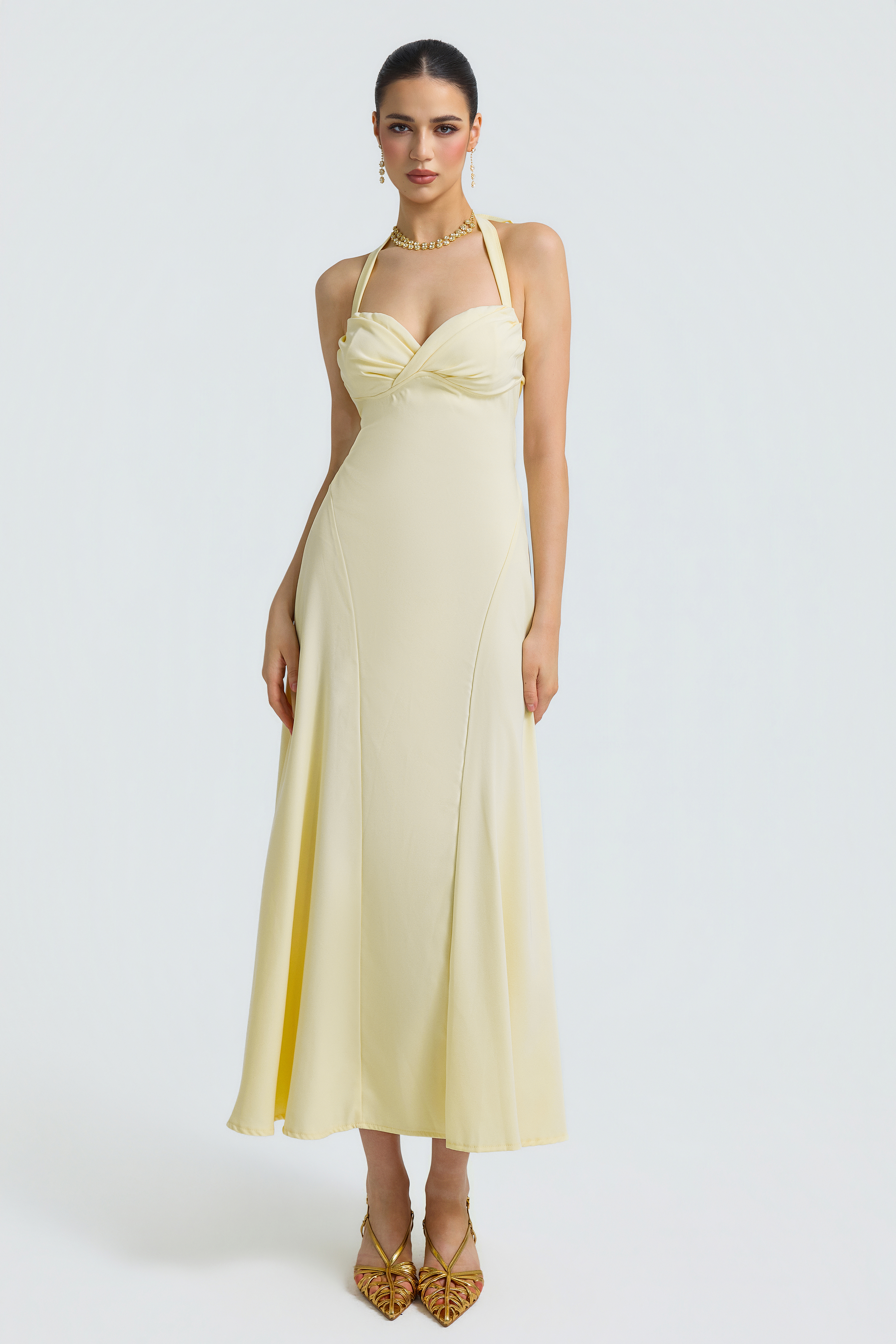 Solid Halter Neck Tie-Up Midi Dress
