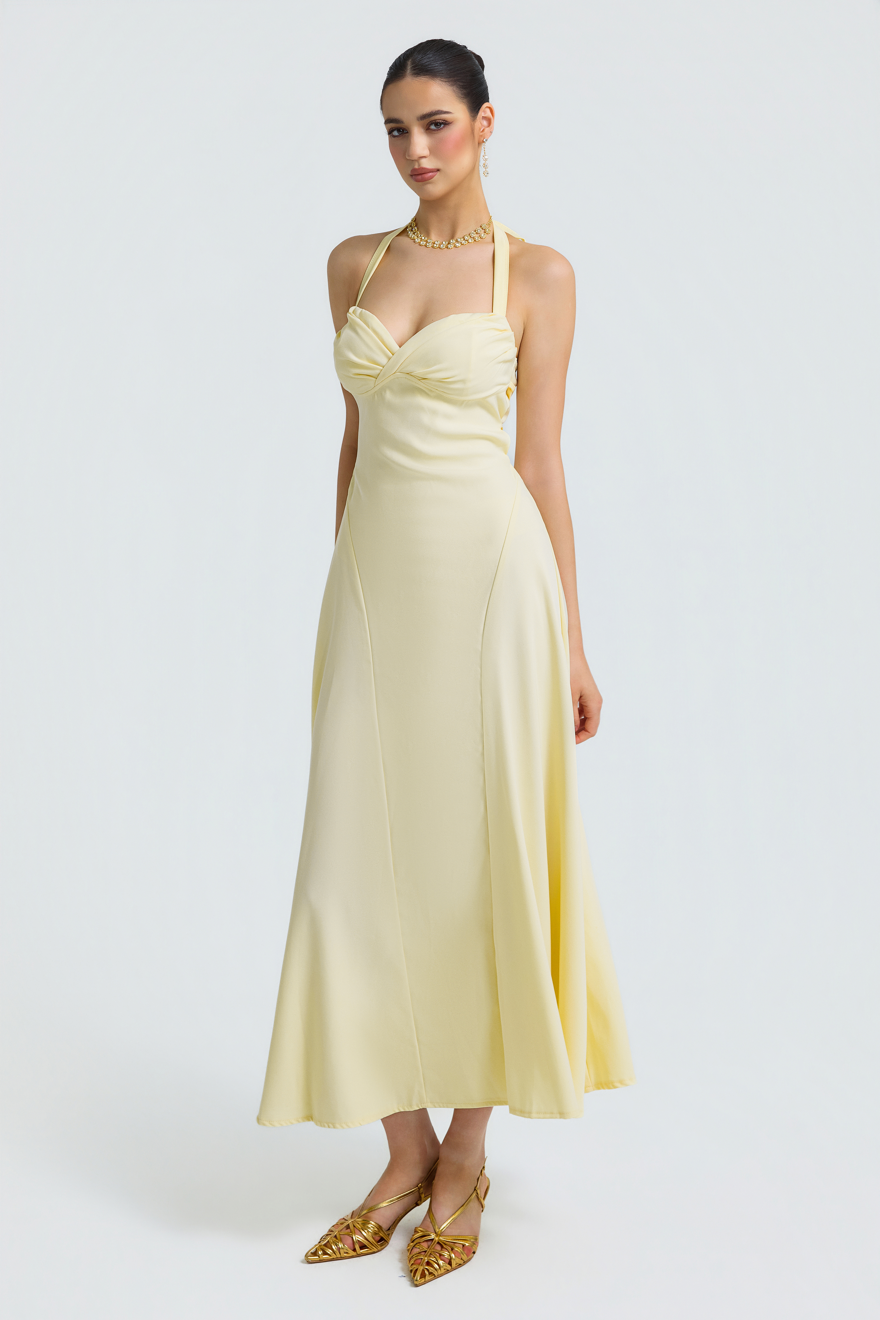 Solid Halter Neck Tie-Up Midi Dress