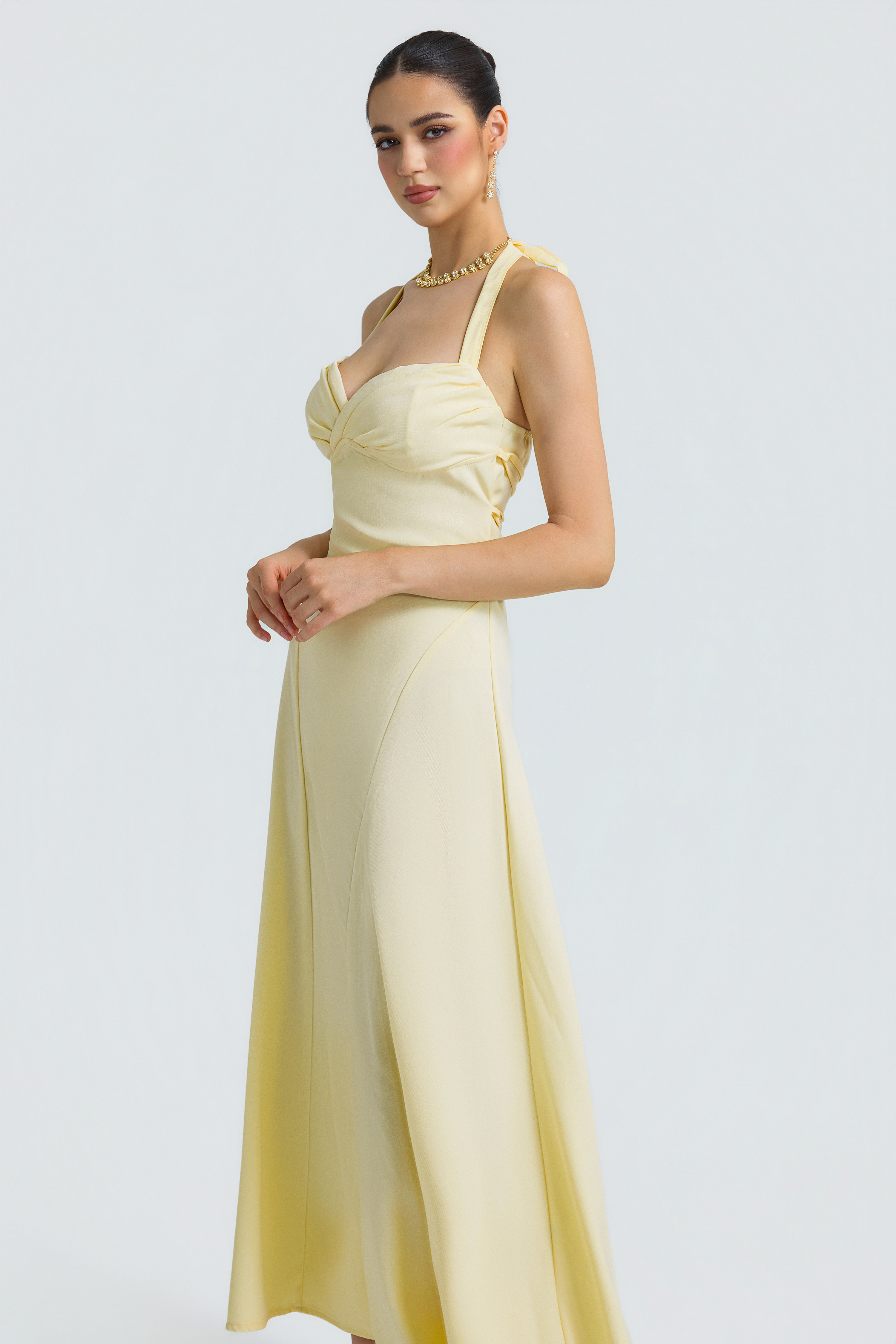 Solid Halter Neck Tie-Up Midi Dress