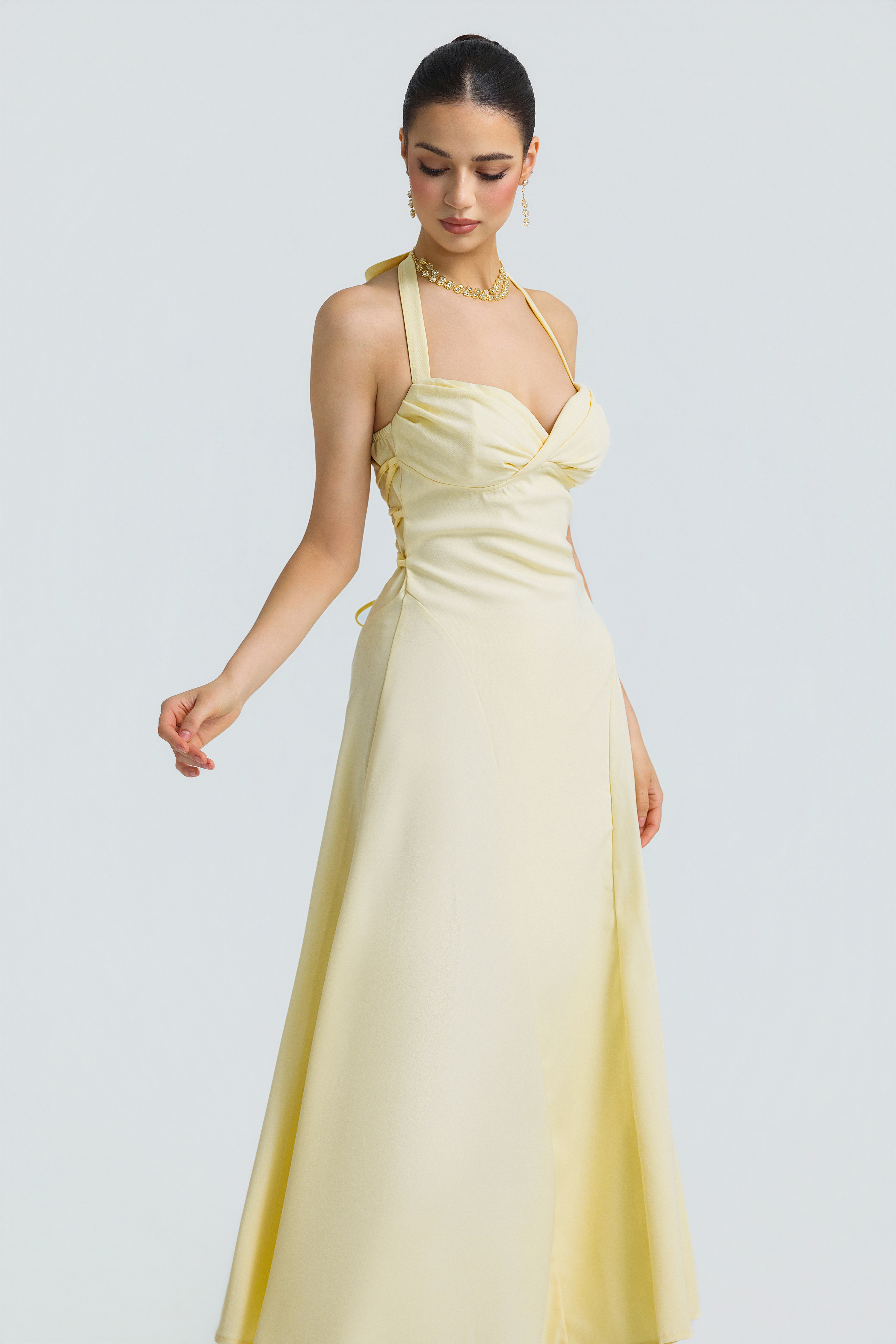 Solid Halter Neck Tie-Up Midi Dress