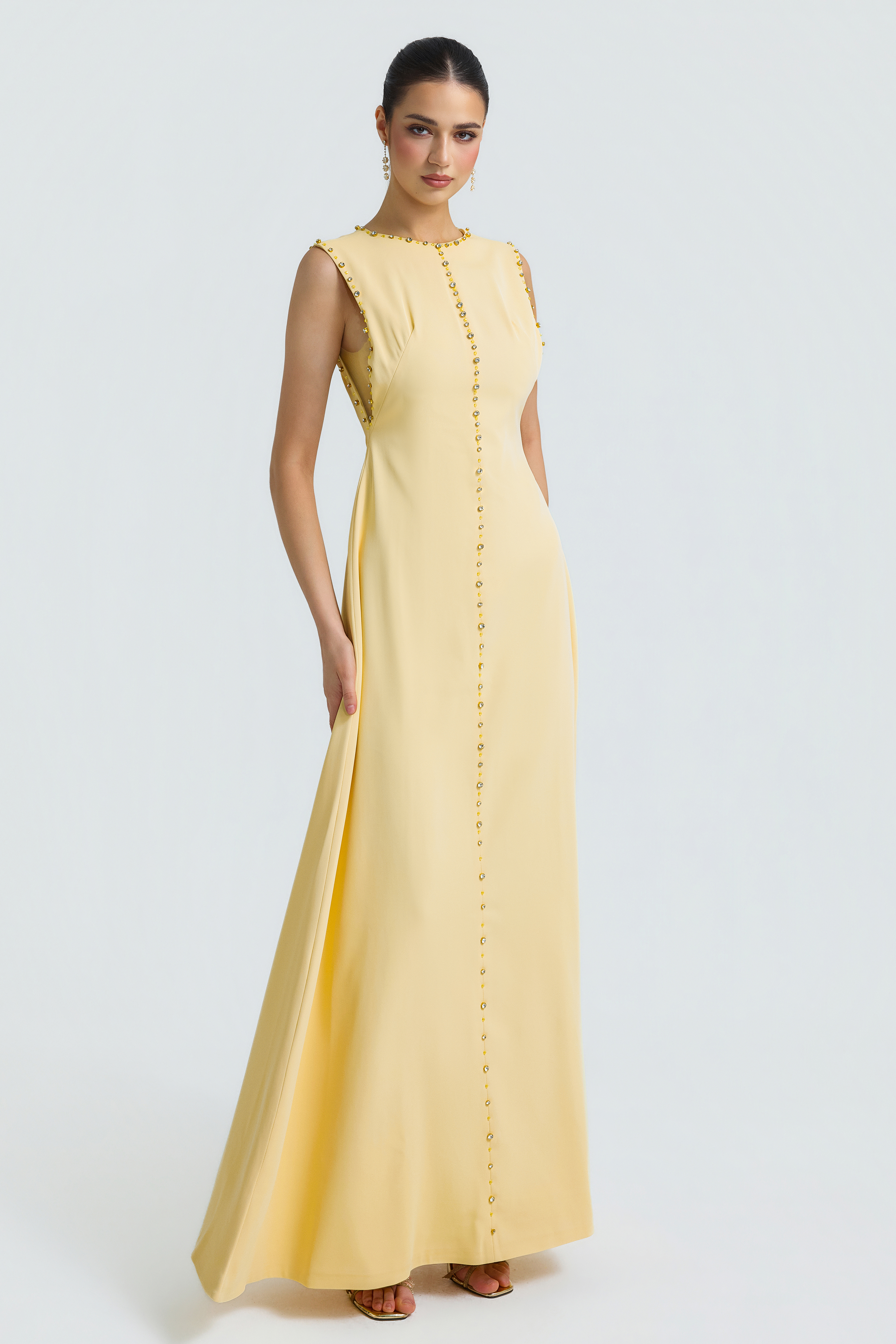 Solid Rhinestone Rivets Sleeveless Maxi Dress