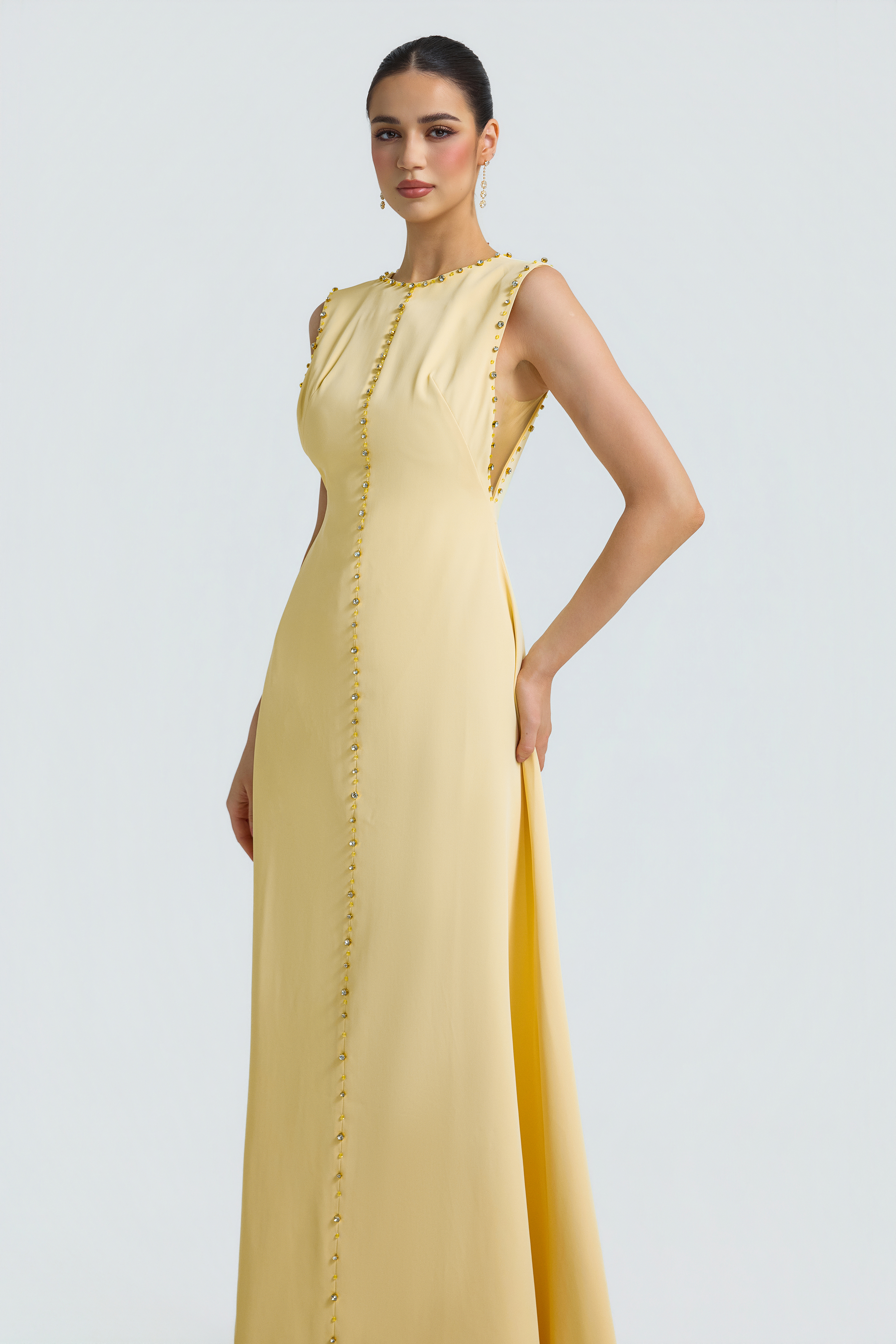 Solid Rhinestone Rivets Sleeveless Maxi Dress