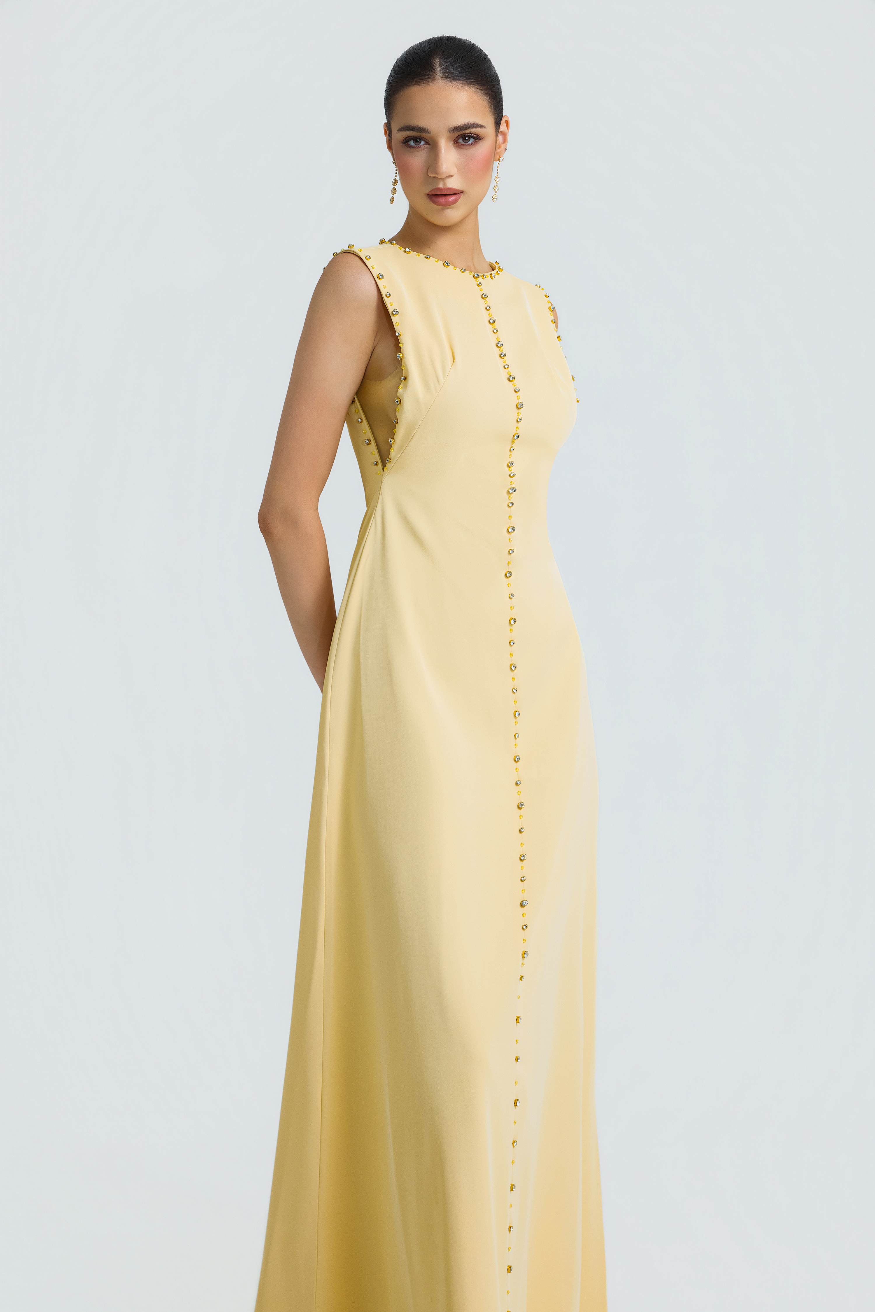 Solid Rhinestone Rivets Sleeveless Maxi Dress