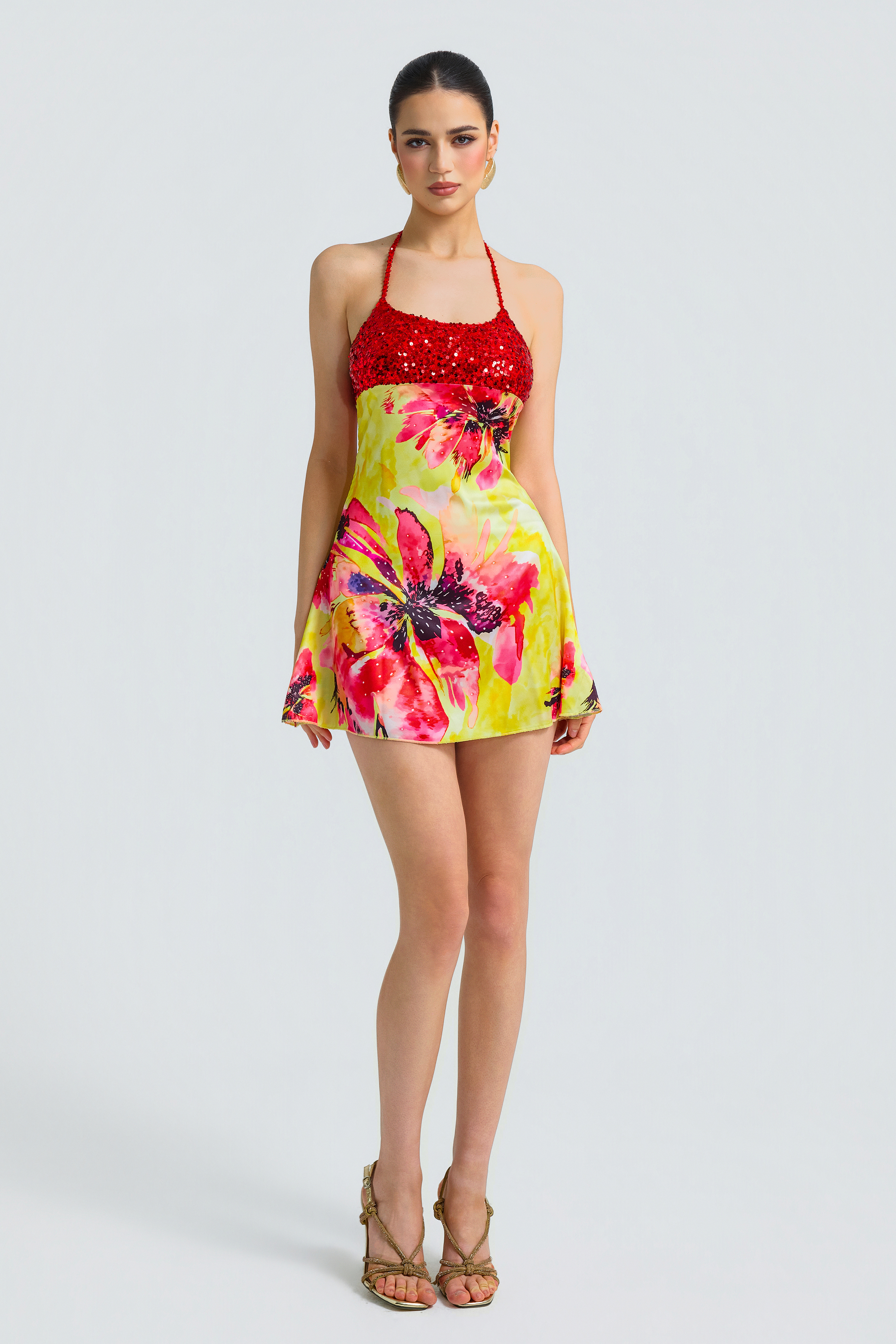 Satin Sequin Halter Printed Mini Dress