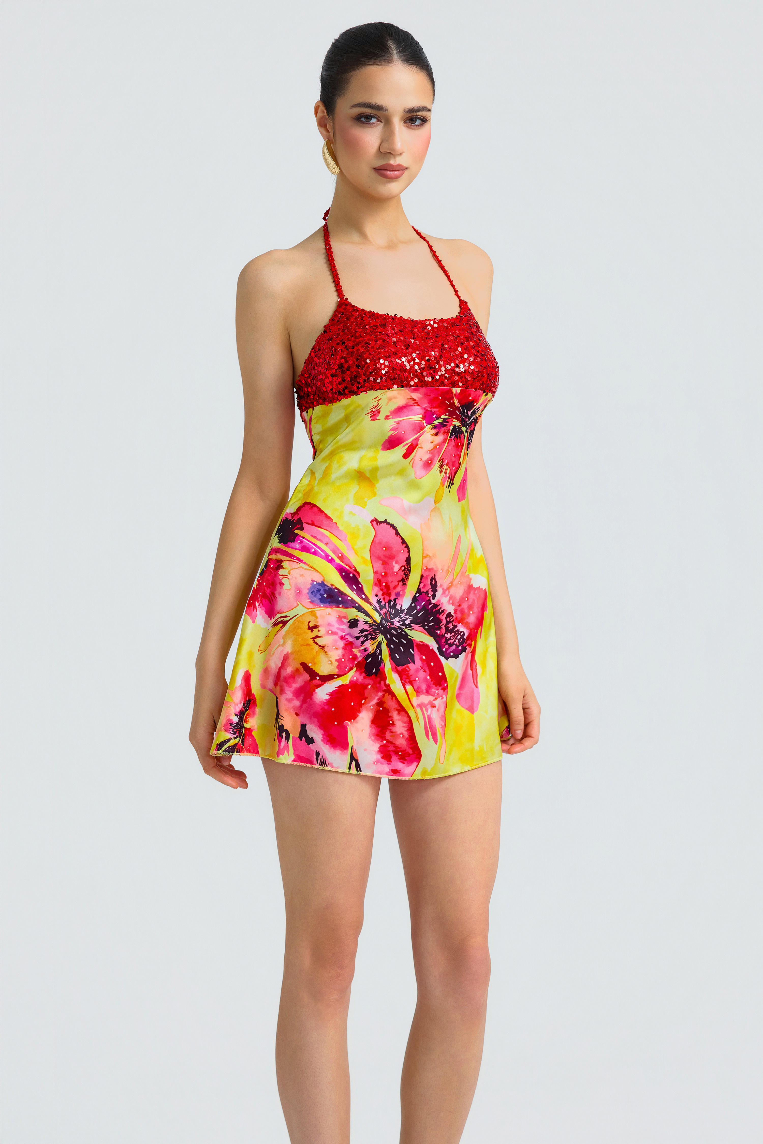 Satin Sequin Halter Printed Mini Dress
