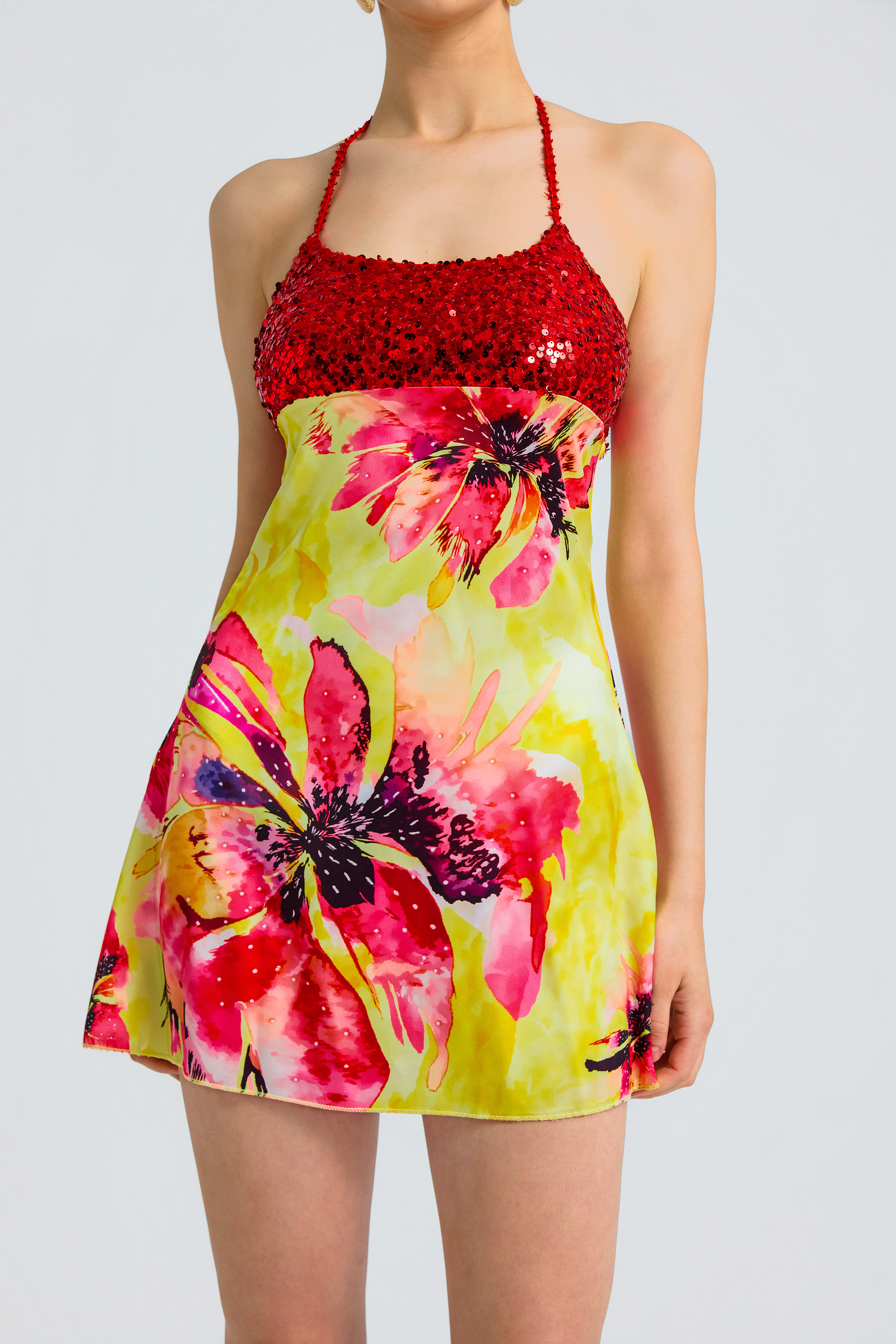 Satin Sequin Halter Printed Mini Dress