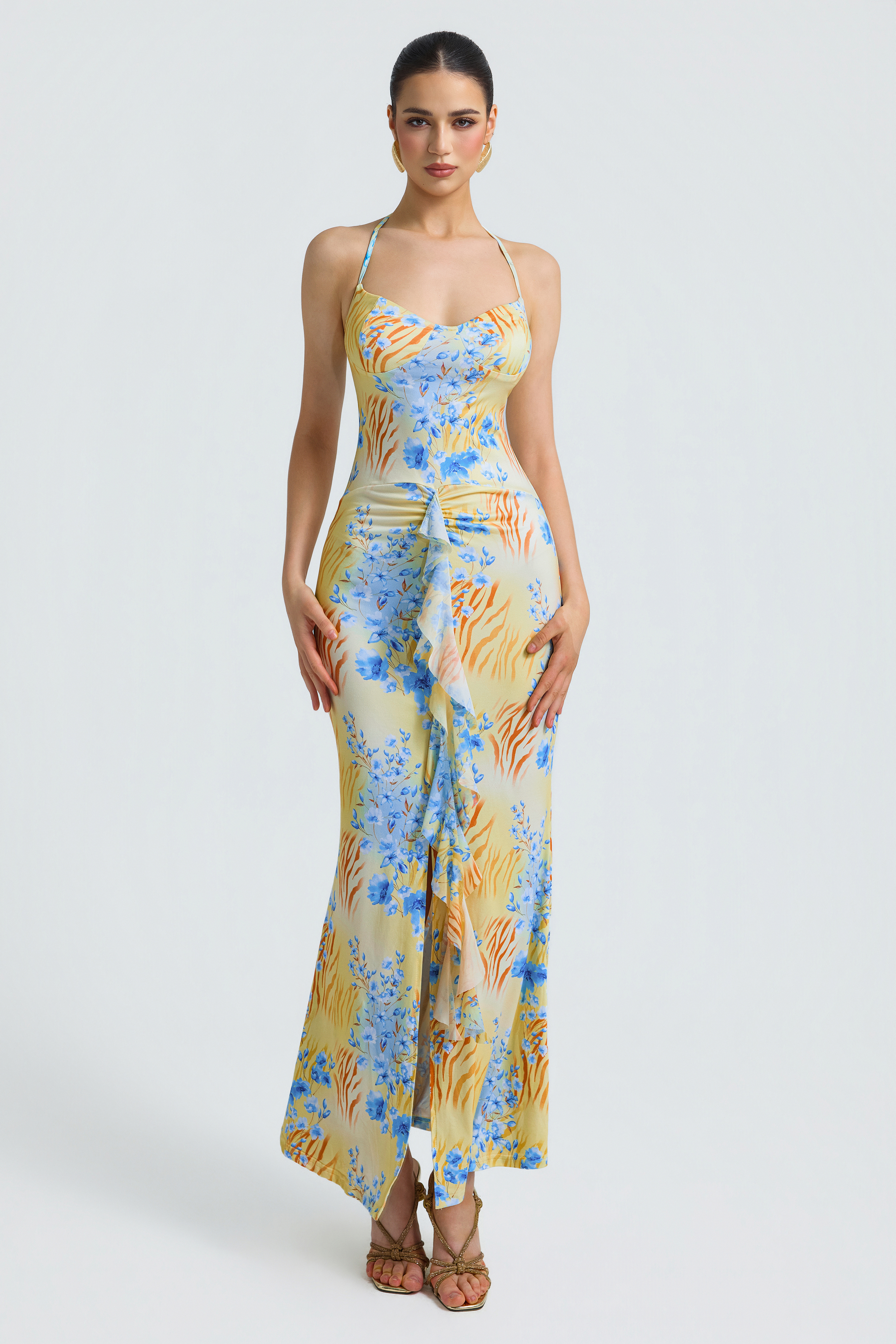 Floral Mesh Ruffle Maxi Dress