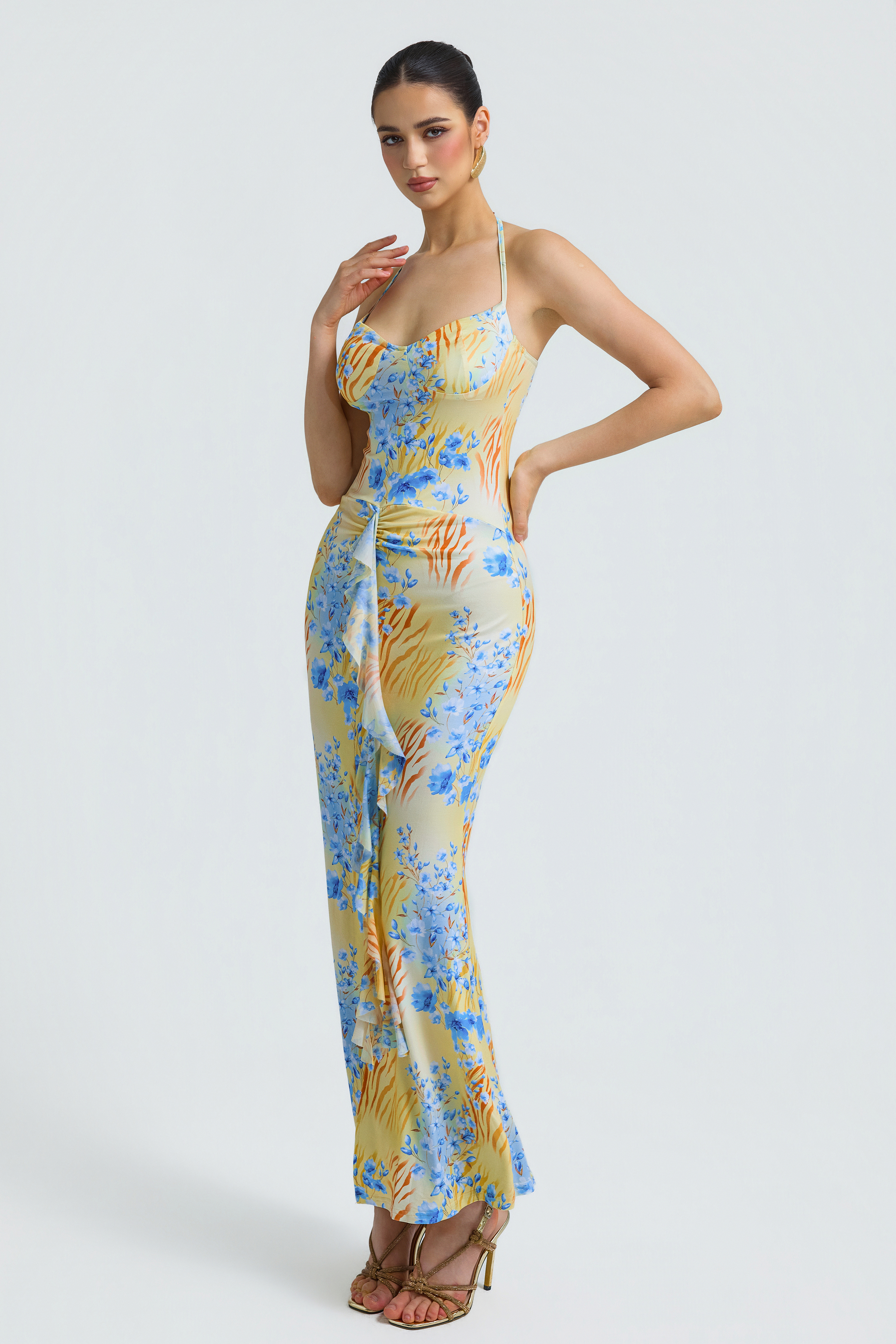 Floral Mesh Ruffle Maxi Dress
