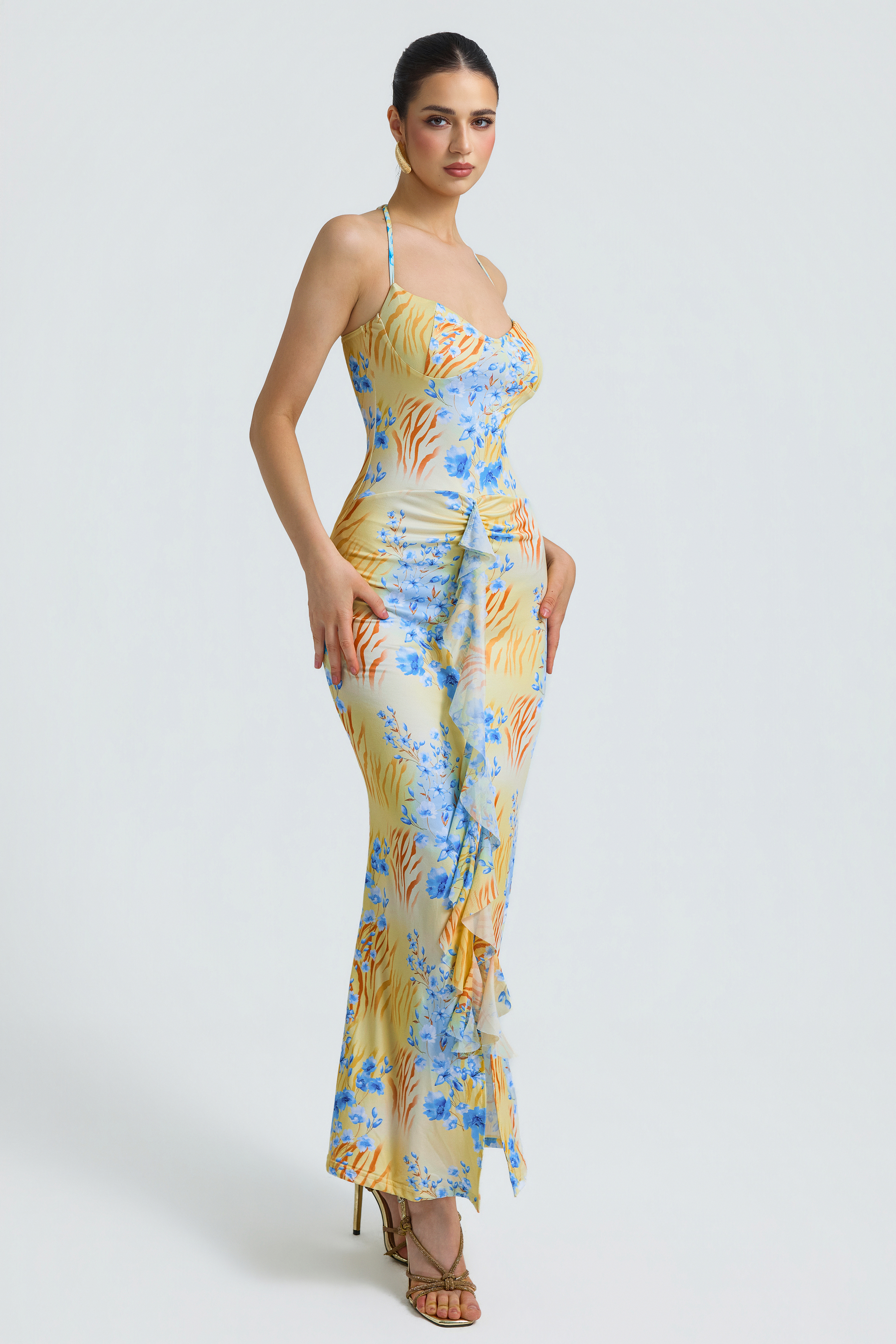 Floral Mesh Ruffle Maxi Dress
