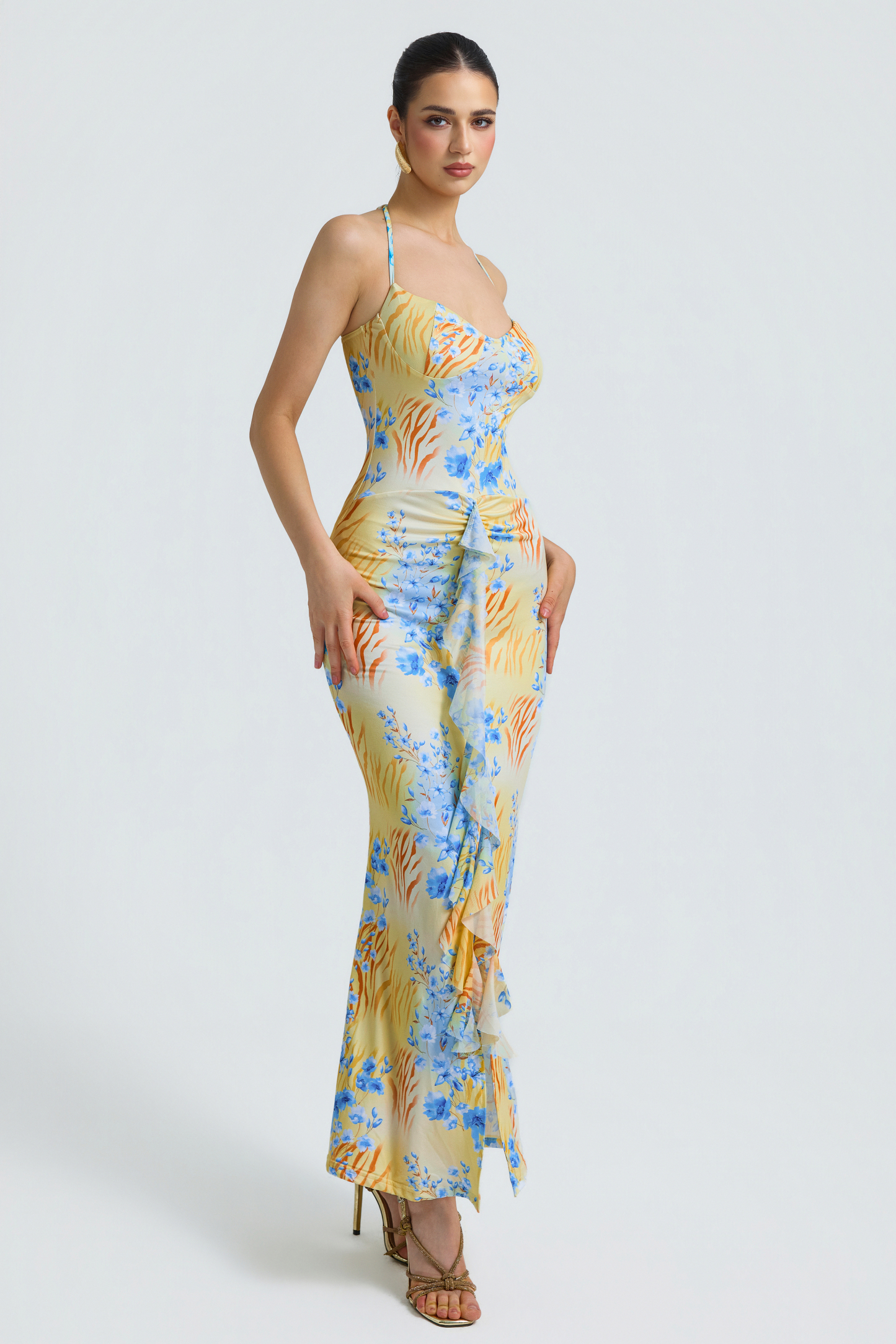 Floral Mesh Ruffle Maxi Dress