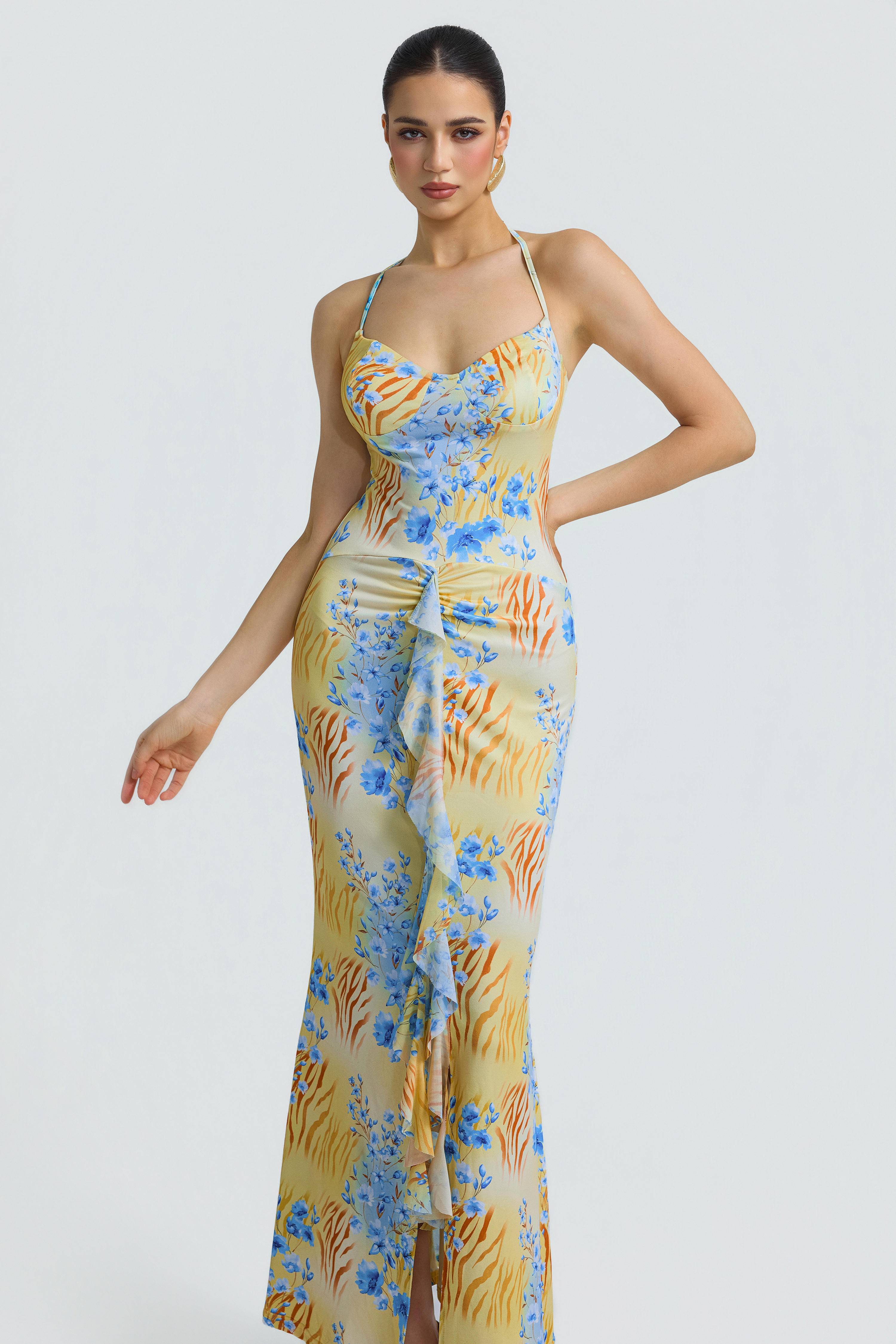 Floral Mesh Ruffle Maxi Dress