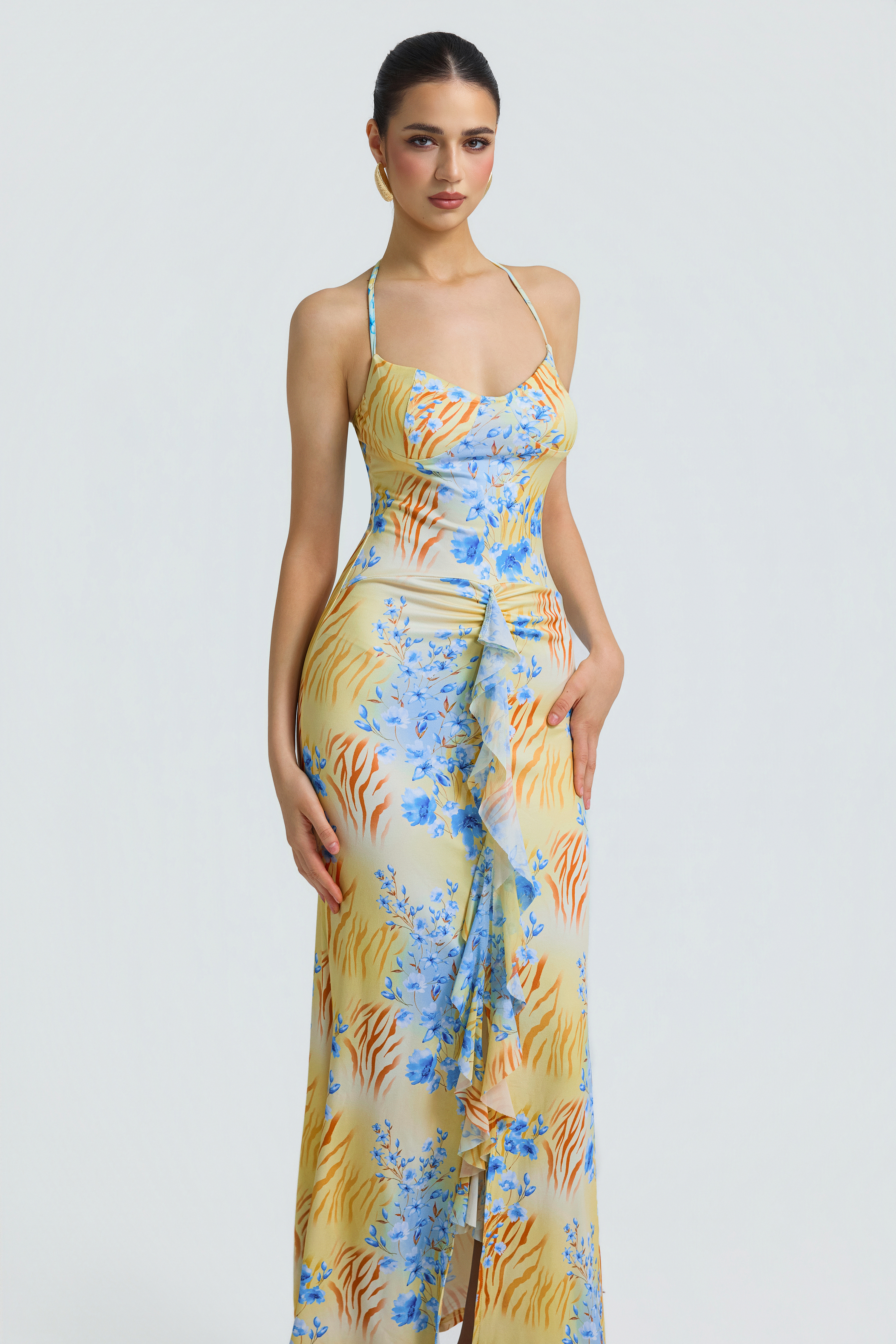 Floral Mesh Ruffle Maxi Dress