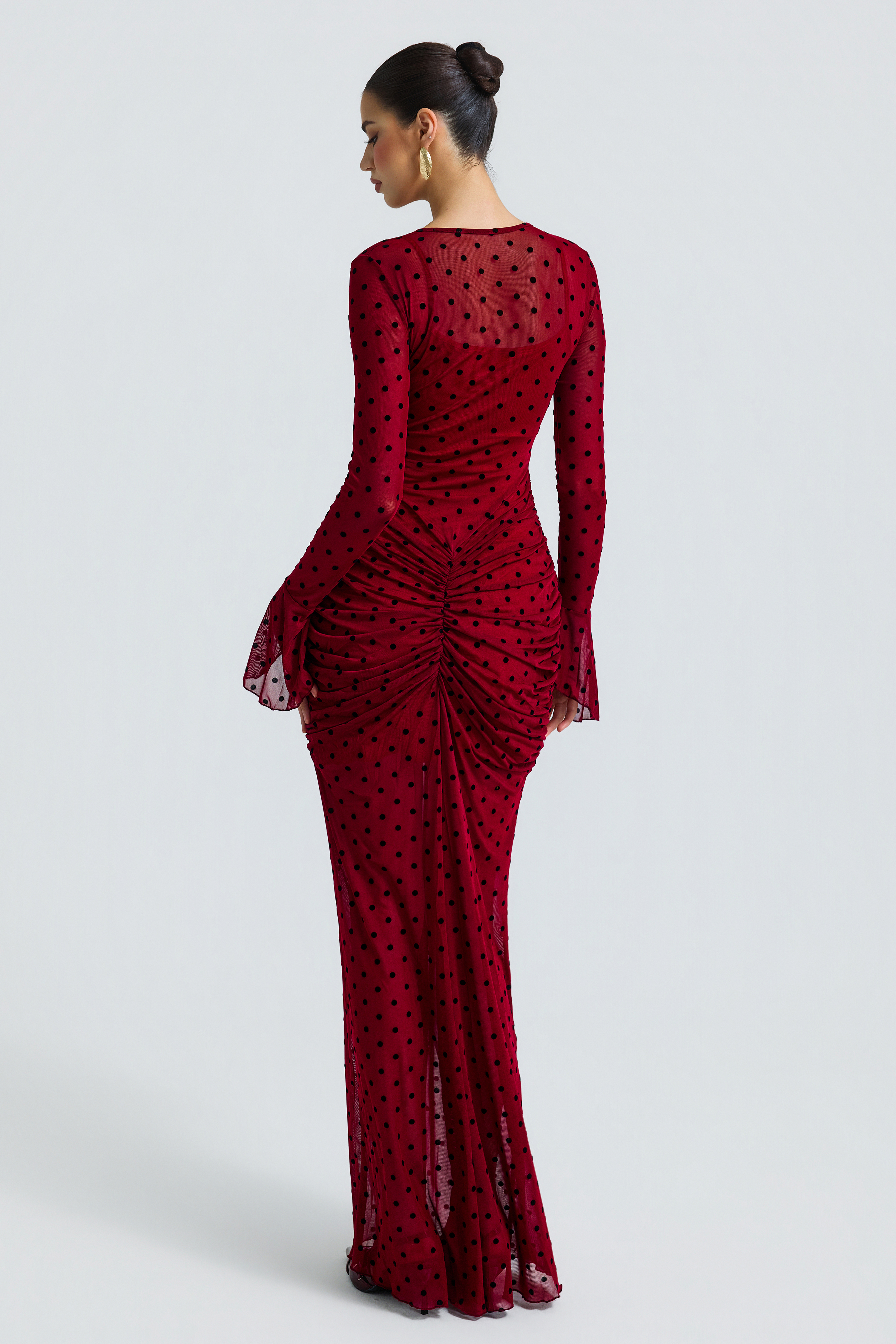 Polka Dot Mesh Flare Sleeve Ruched Maxi Two Piece Dress
