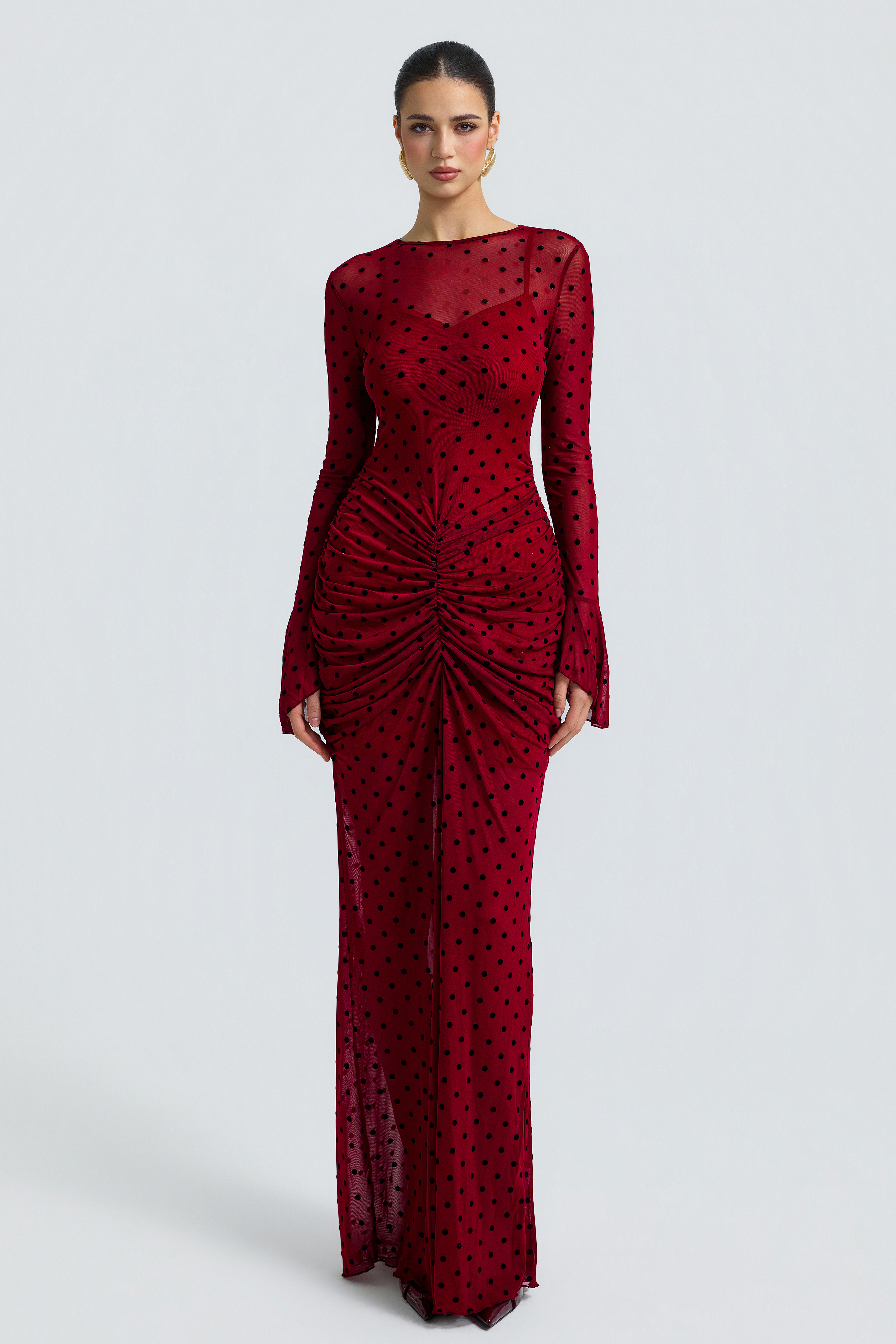 Polka Dot Mesh Flare Sleeve Ruched Maxi Two Piece Dress