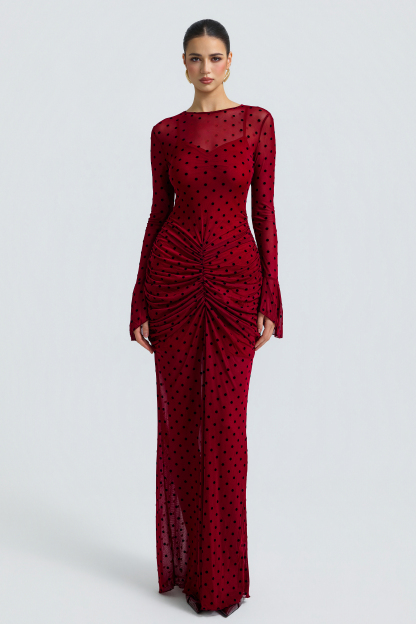 Polka Dot Mesh Flare Sleeve Ruched Maxi Two Piece Dress