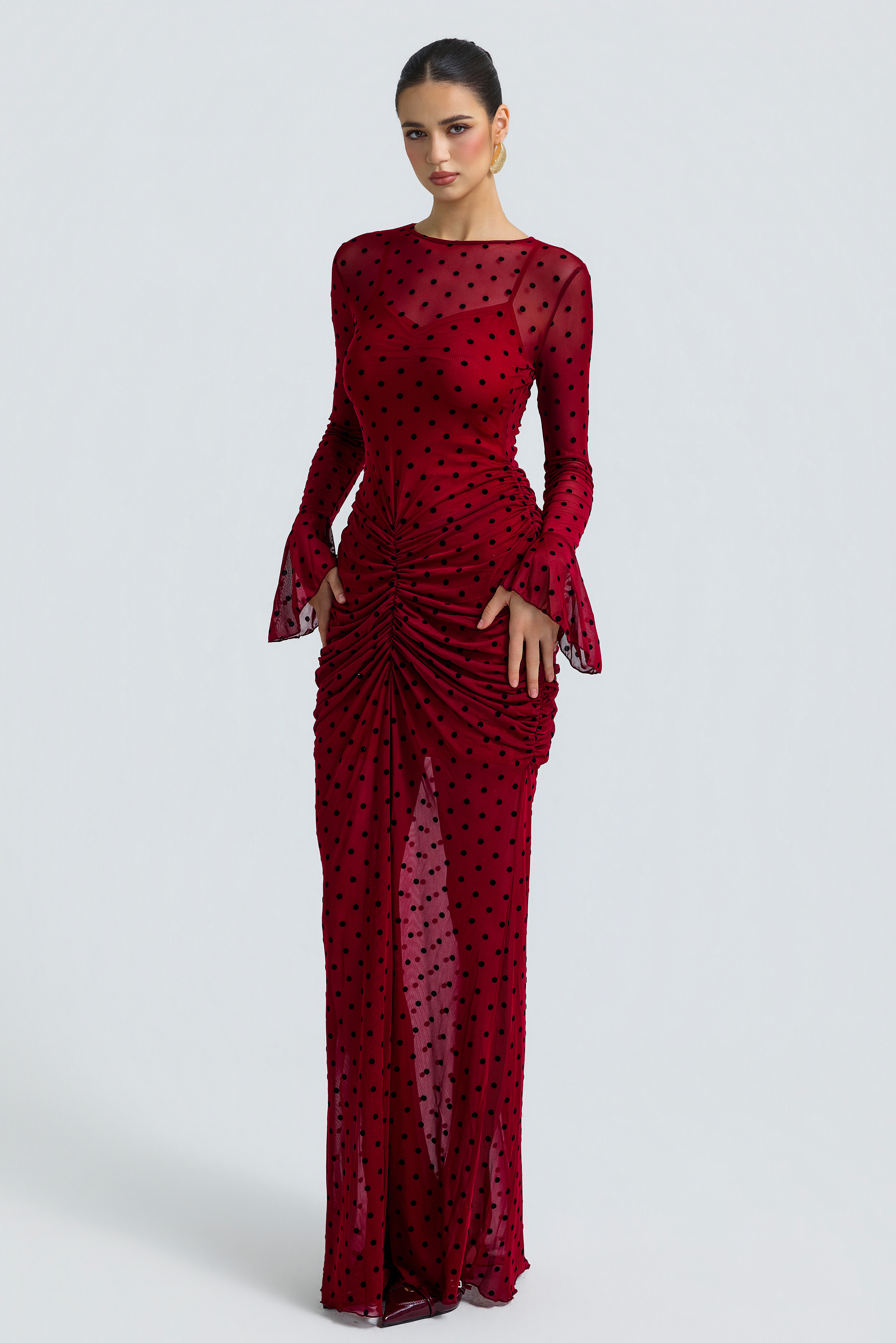 Polka Dot Mesh Flare Sleeve Ruched Maxi Two Piece Dress
