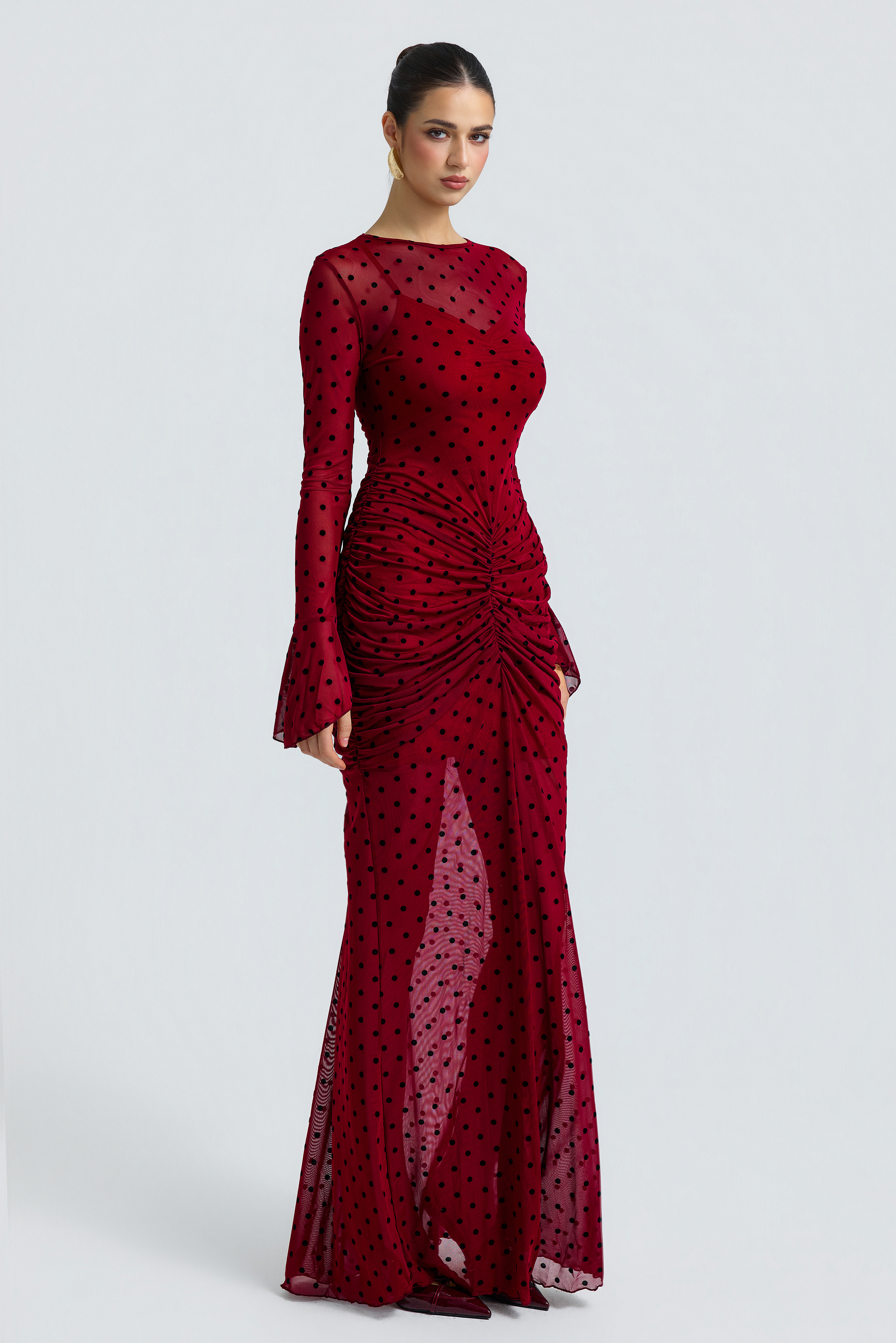 Polka Dot Mesh Flare Sleeve Ruched Maxi Two Piece Dress