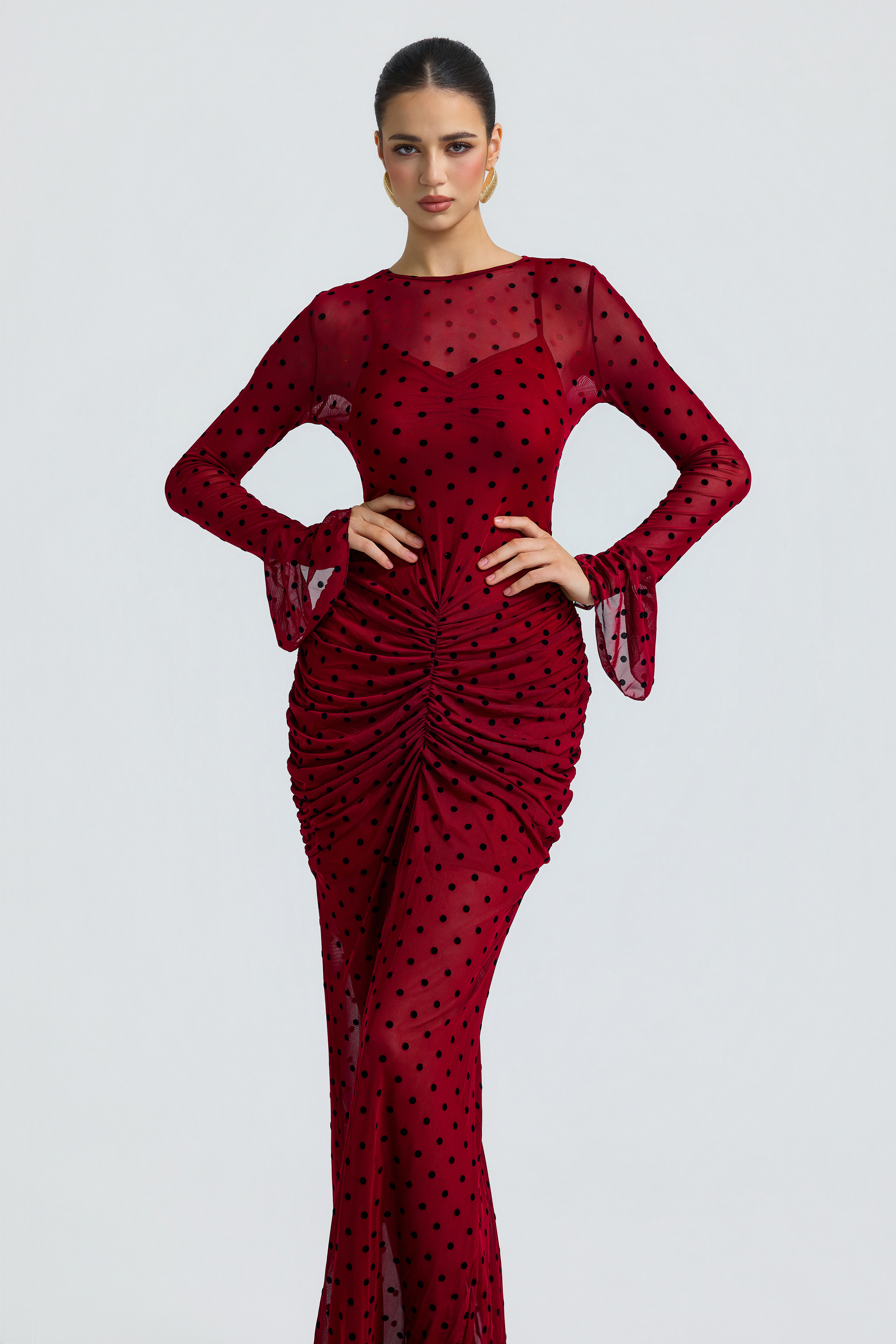 Polka Dot Mesh Flare Sleeve Ruched Maxi Two Piece Dress