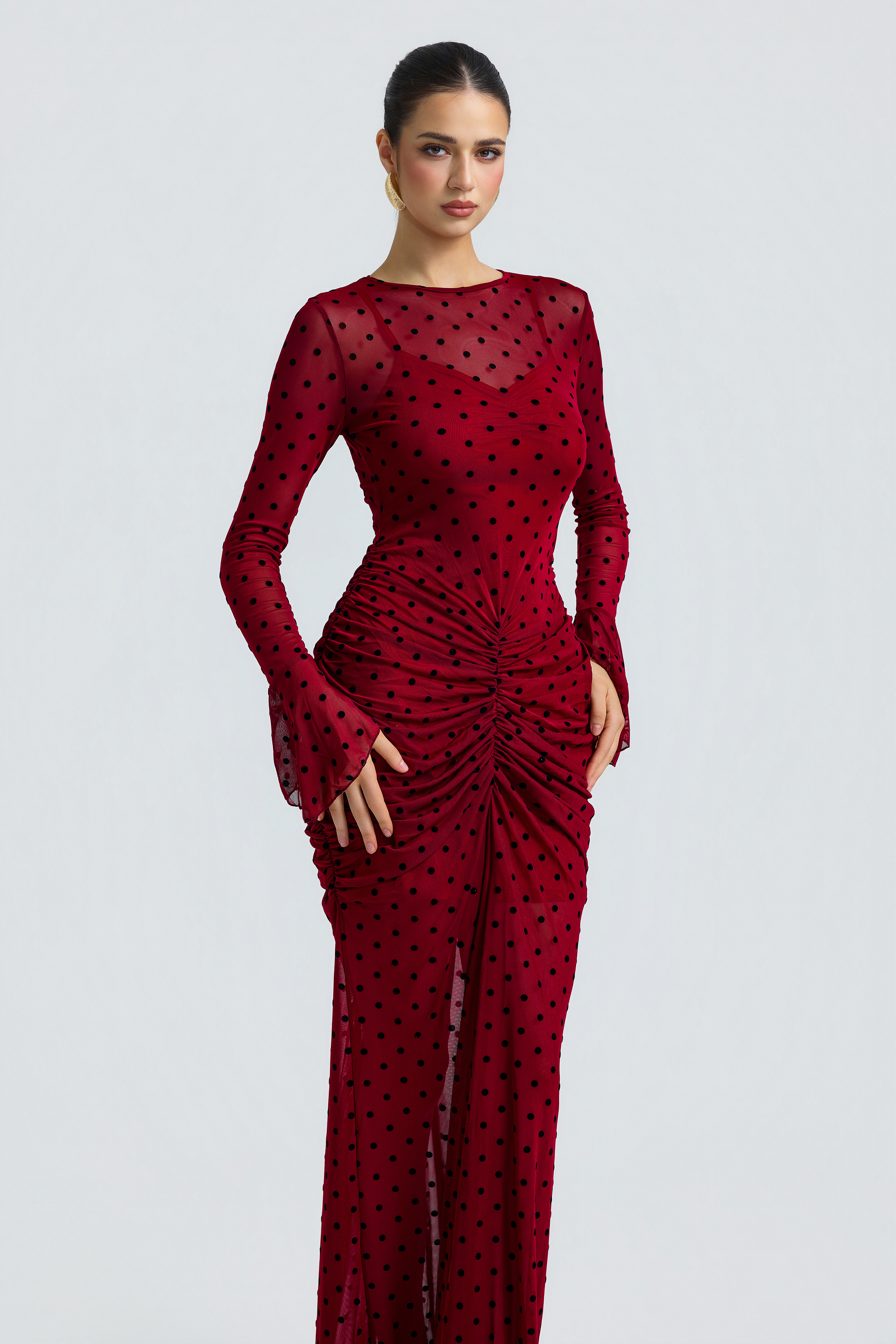 Polka Dot Mesh Flare Sleeve Ruched Maxi Two Piece Dress