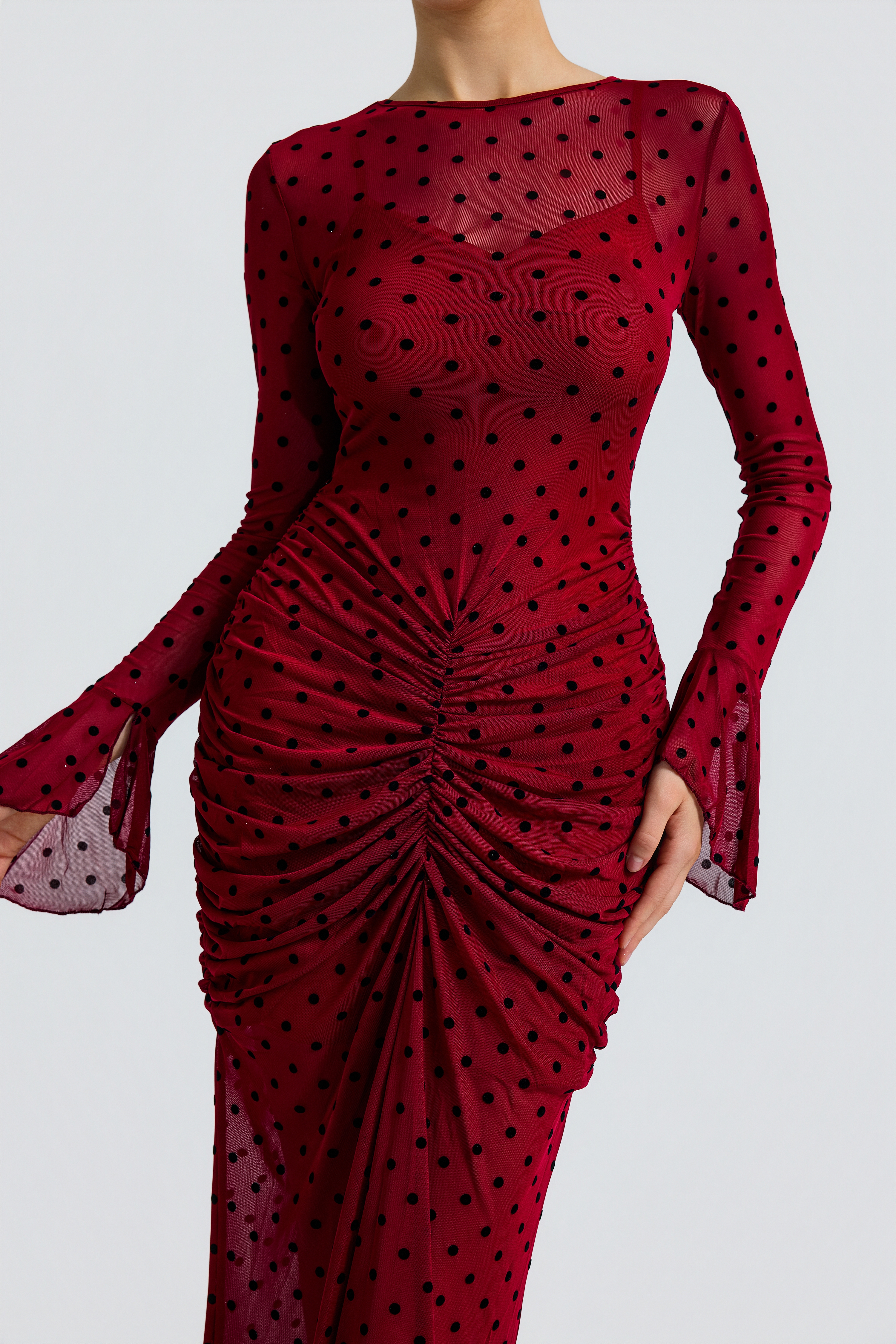 Polka Dot Mesh Flare Sleeve Ruched Maxi Two Piece Dress