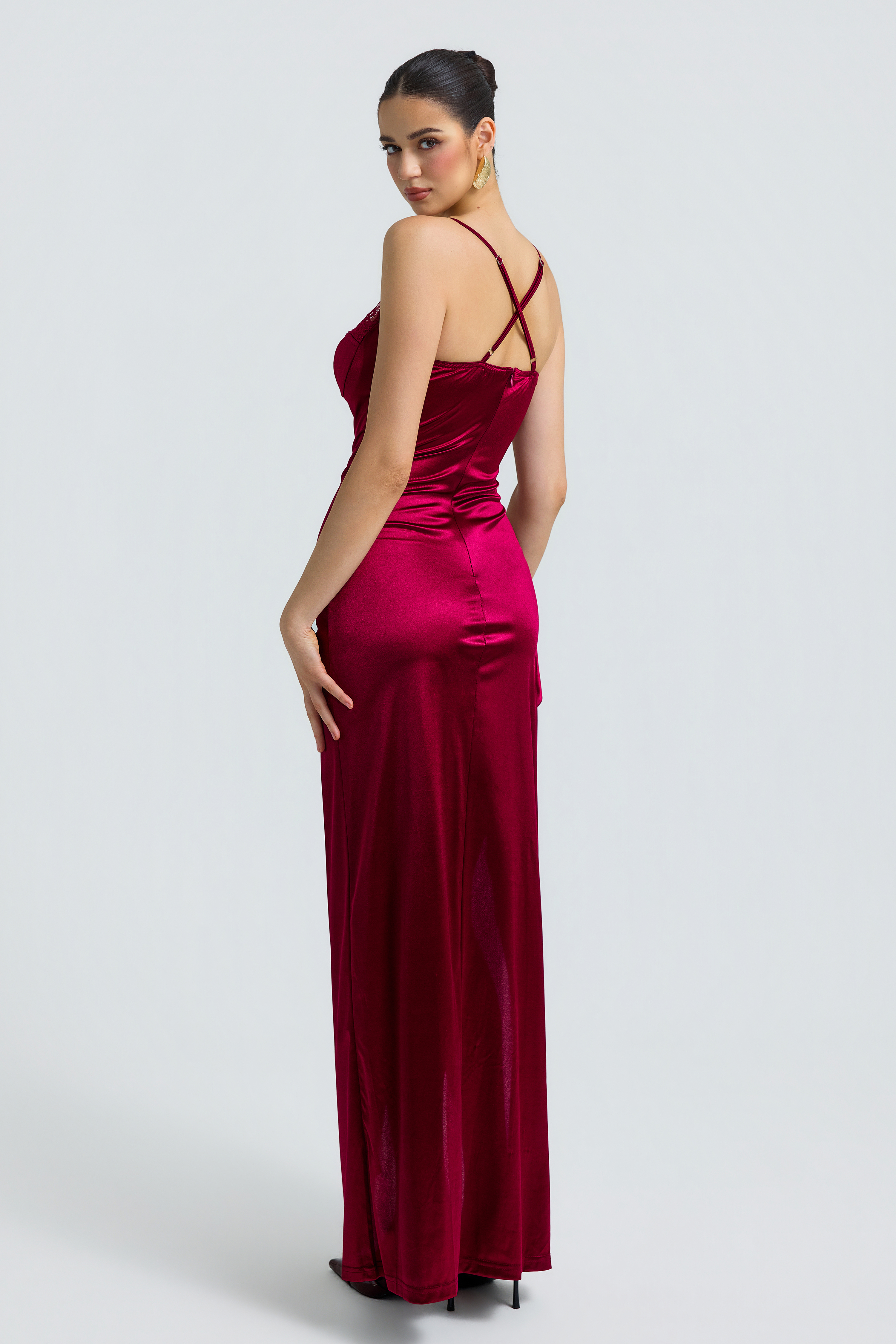 Satin Lace Slit Maxi Dress
