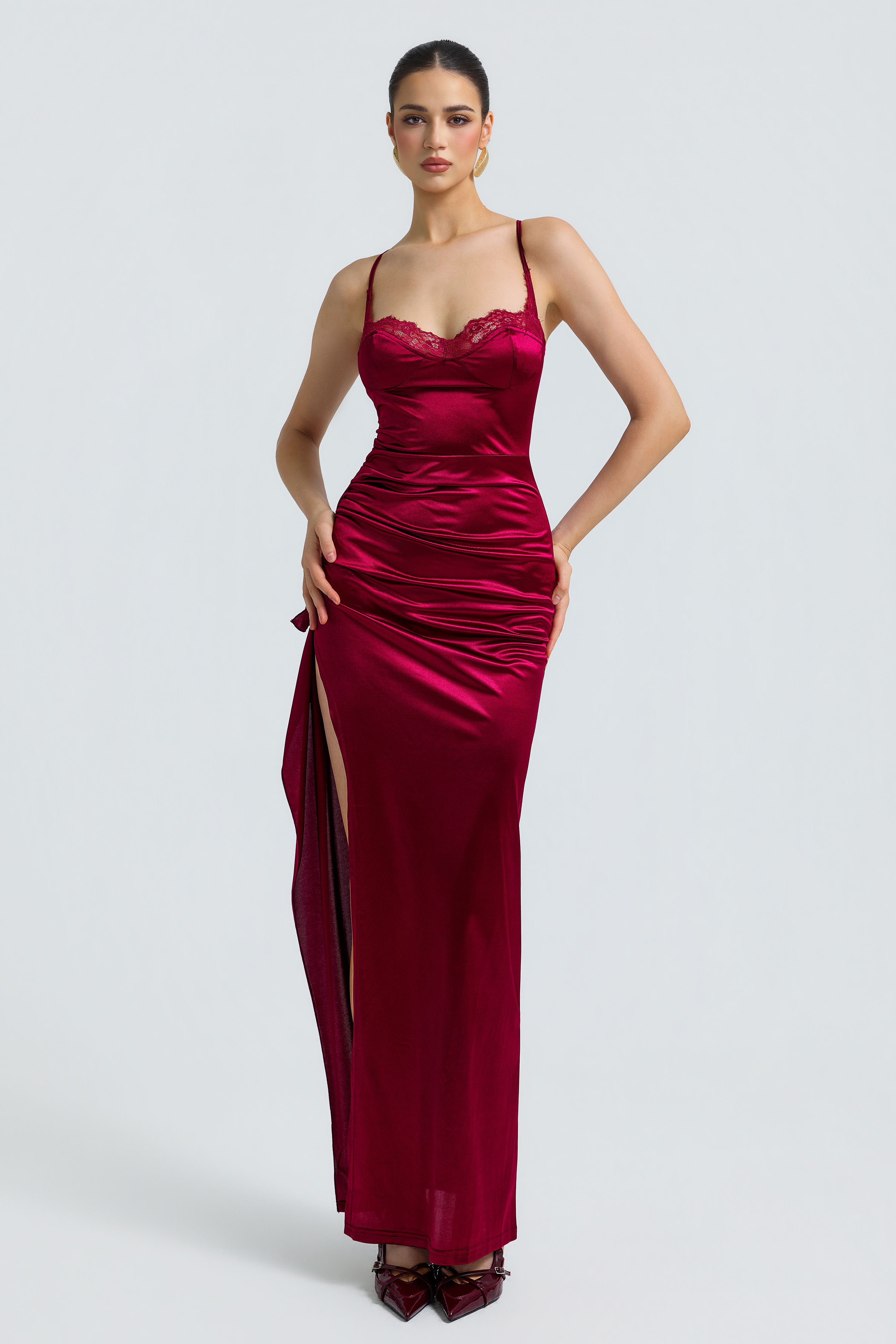 Satin Lace Slit Maxi Dress