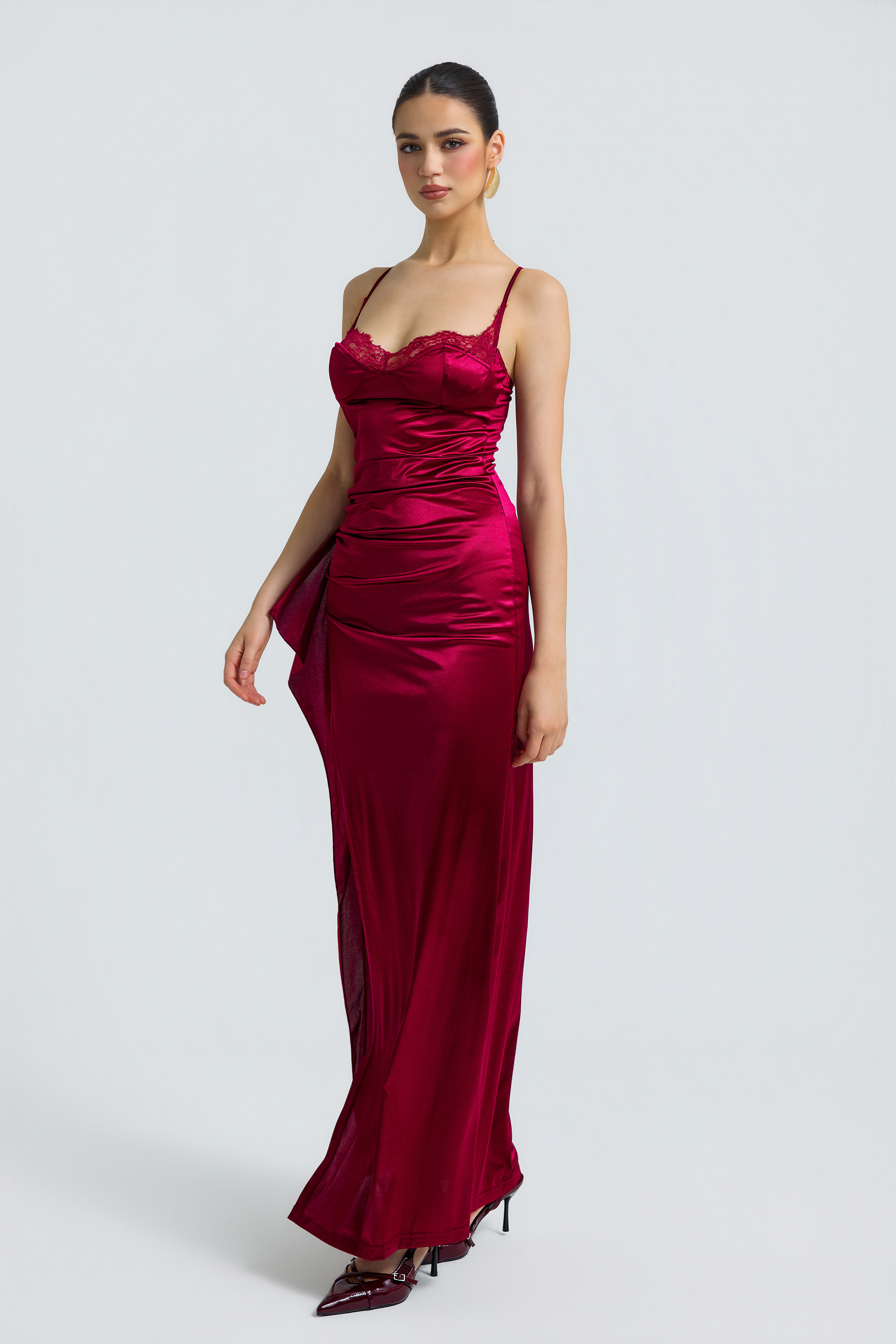 Satin Lace Slit Maxi Dress