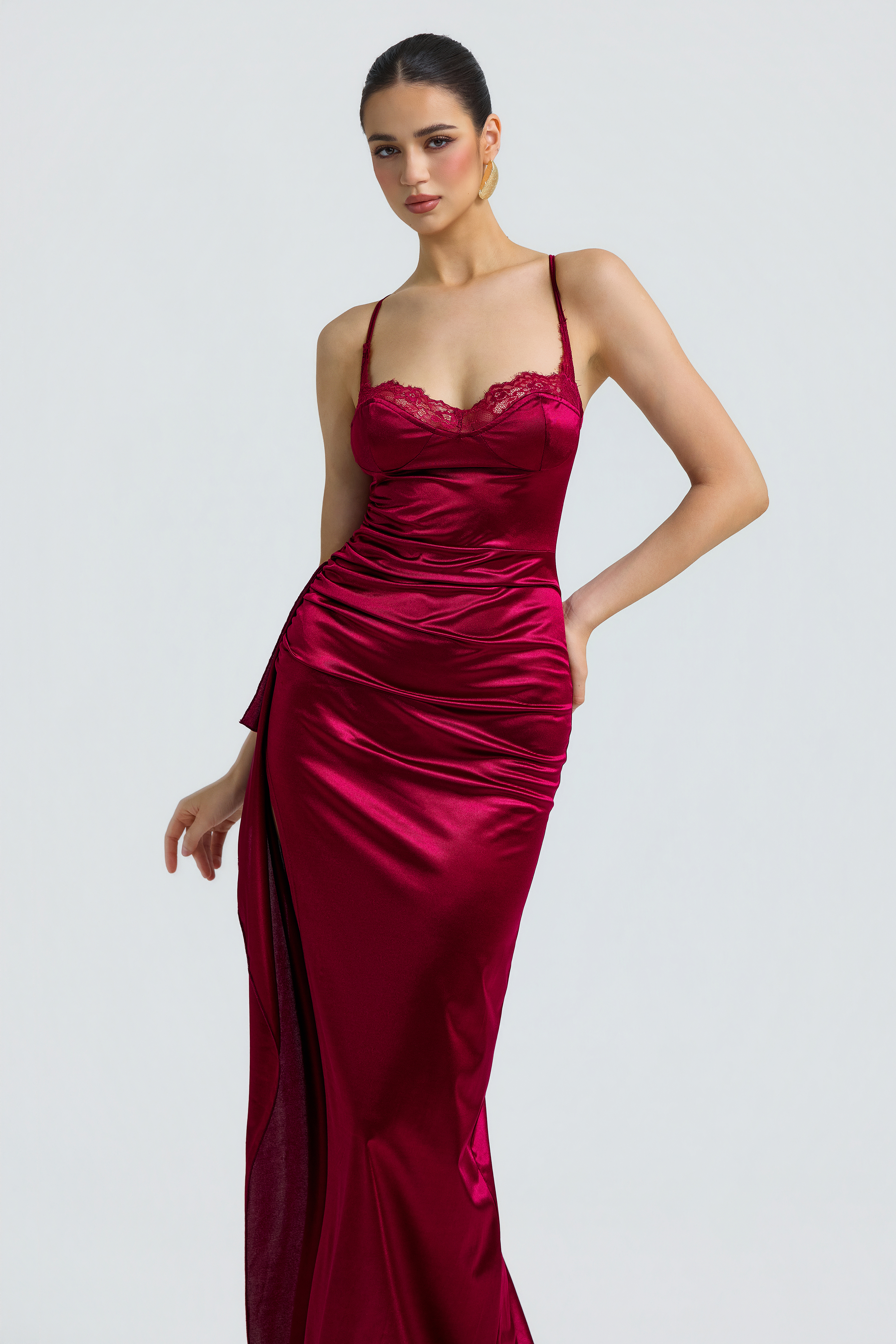 Satin Lace Slit Maxi Dress