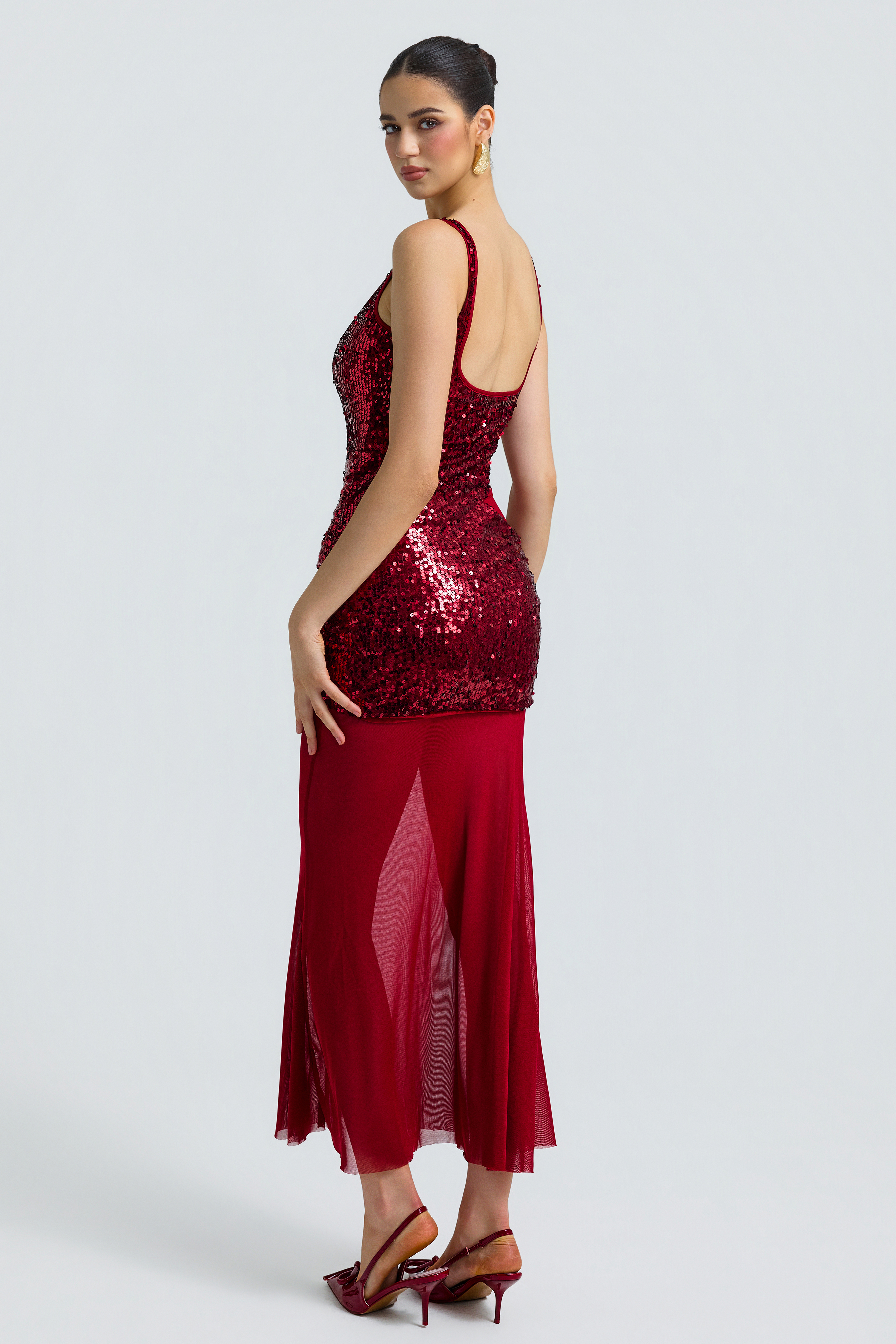 Sequin Splicing Mesh See-Through Midi Dress