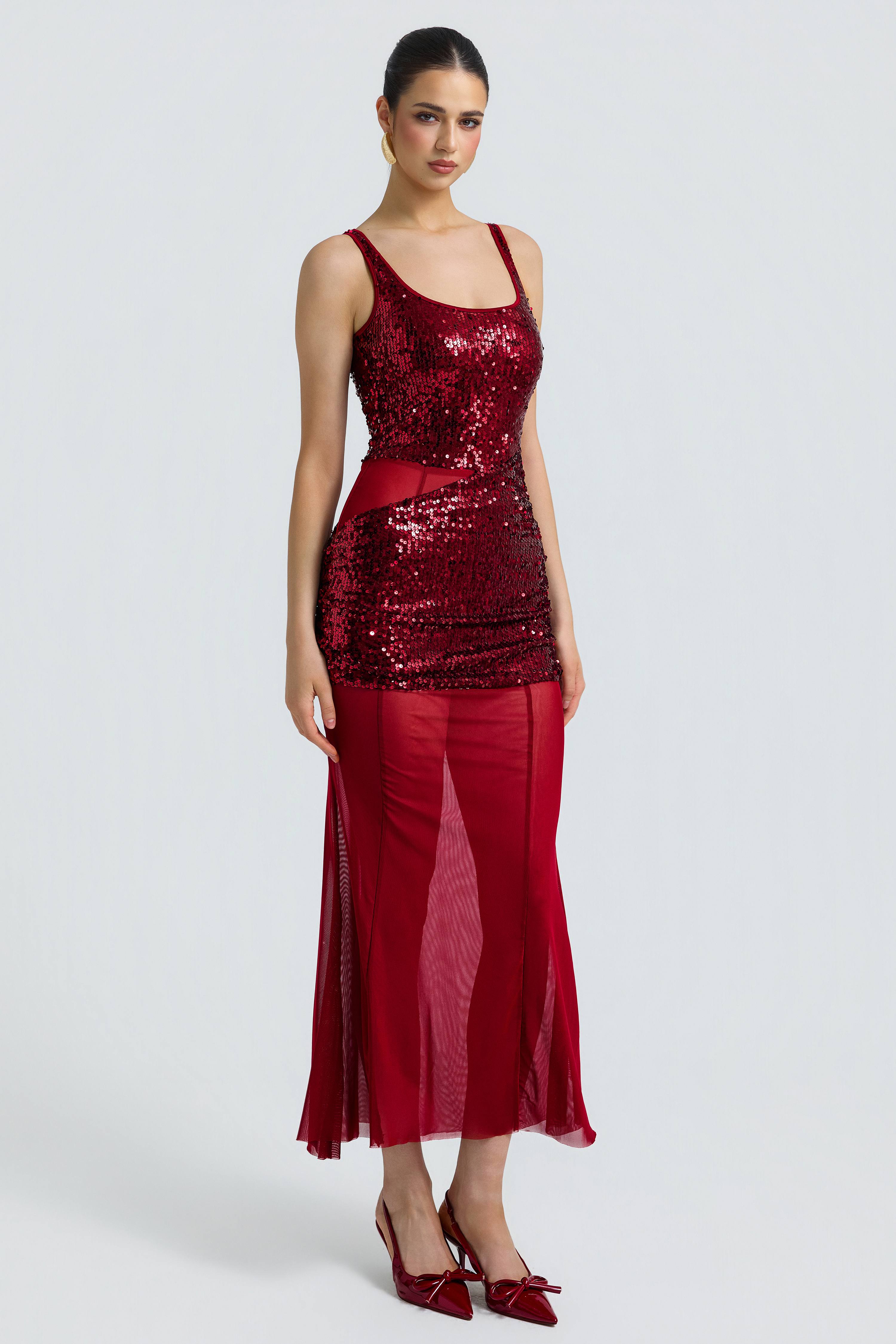 Sequin Splicing Mesh See-Through Midi Dress