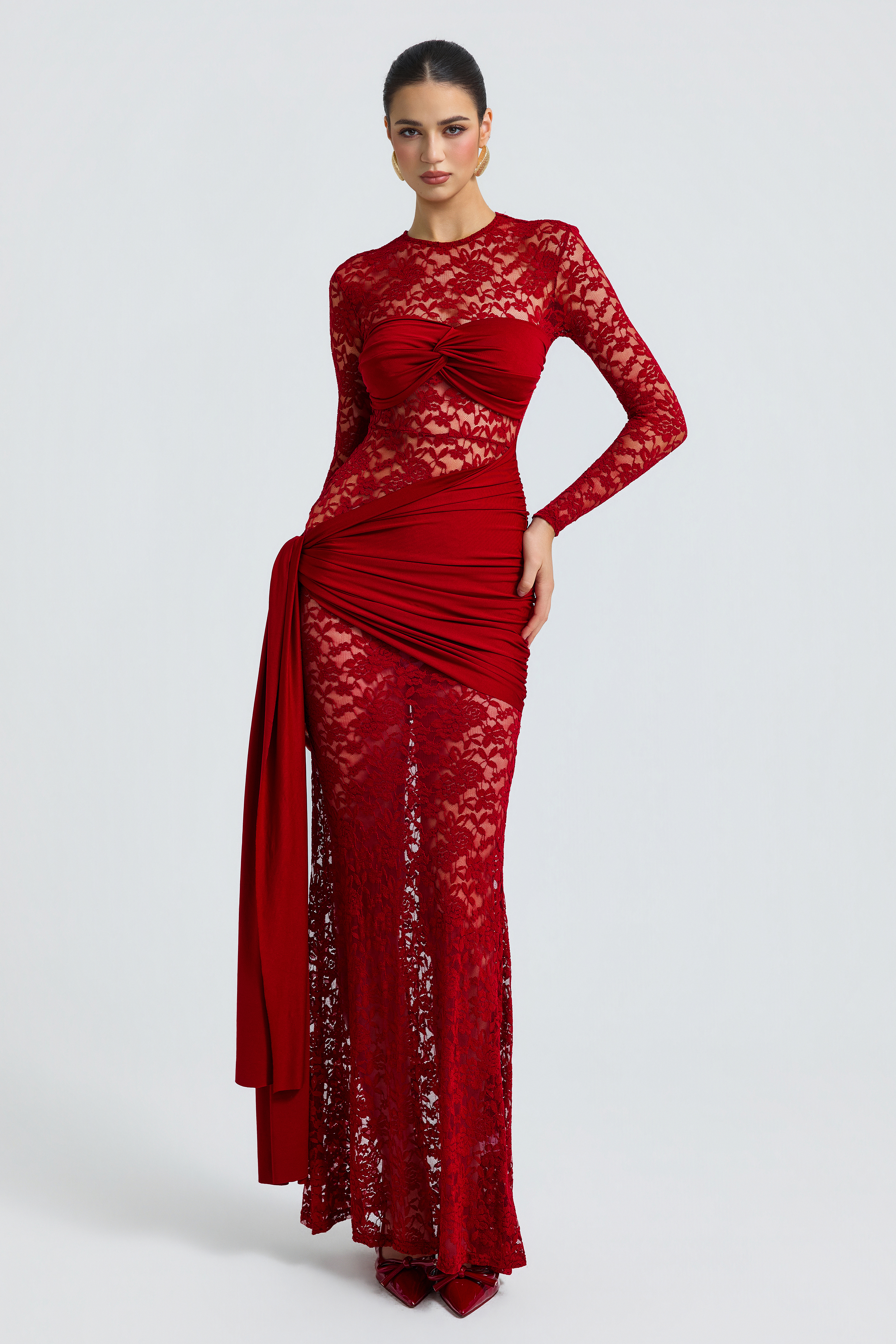Jersey Splicing Lace Long Sleeve Maxi Dress