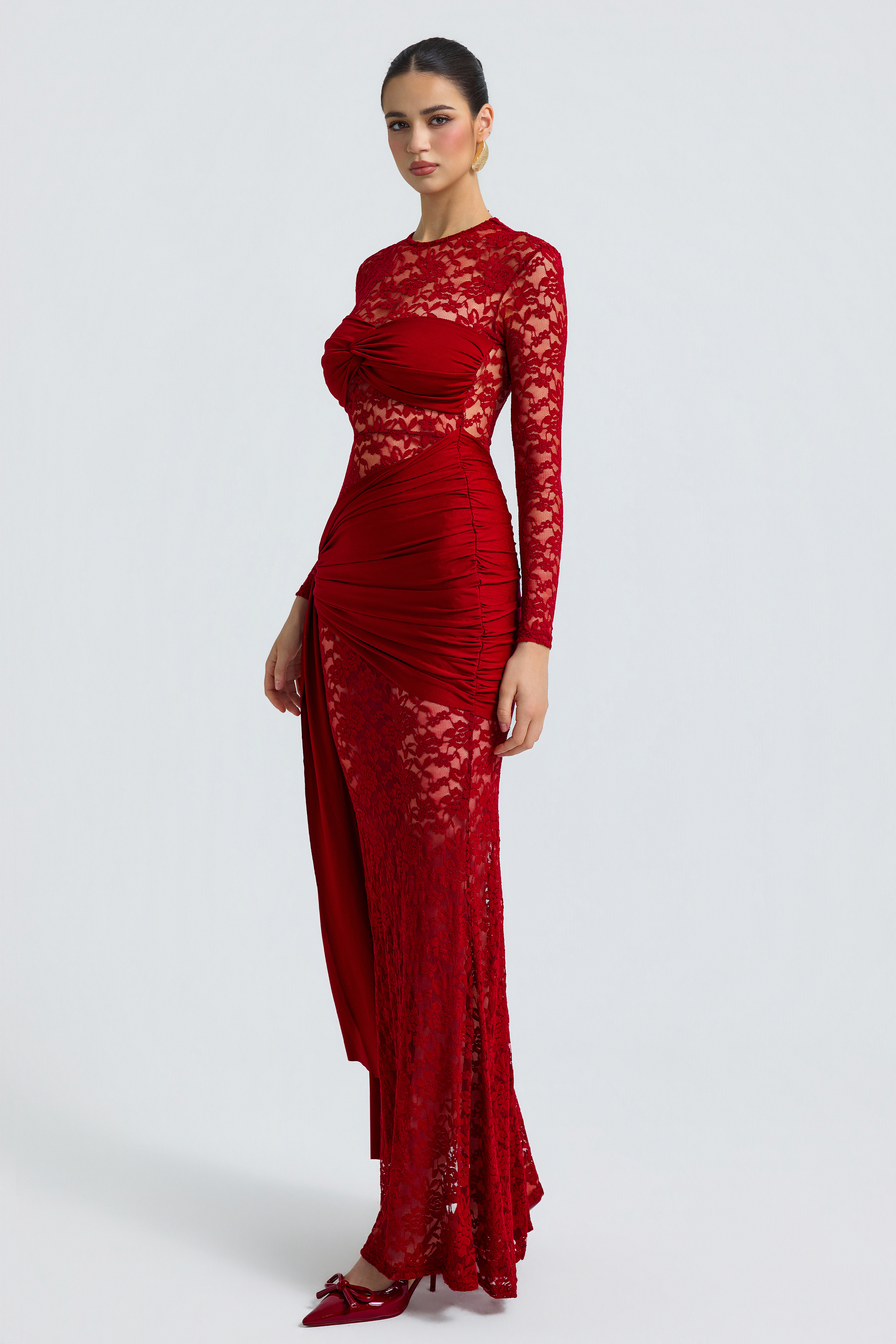 Jersey Splicing Lace Long Sleeve Maxi Dress